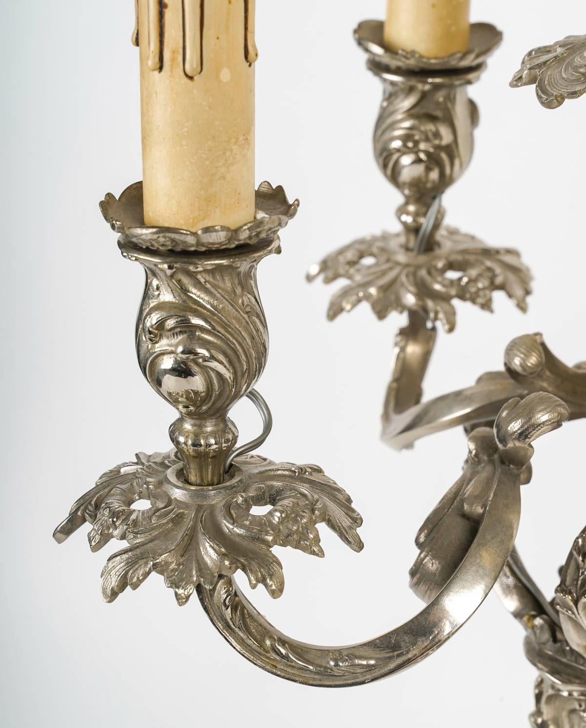 Pair of Louis XV Style Silver Plated Bronze Candelabra, 19th Century. In Good Condition For Sale In Saint-Ouen, FR