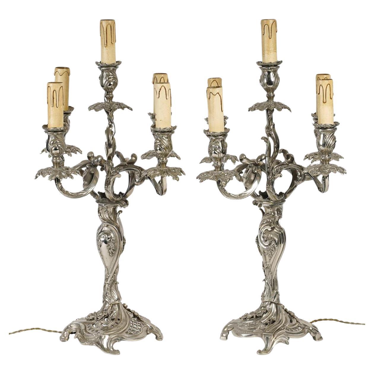 Pair of Louis XV Style Silver Plated Bronze Candelabra, 19th Century. For Sale