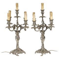 Pair of Louis XV Style Silver Plated Bronze Candelabra, 19th Century.