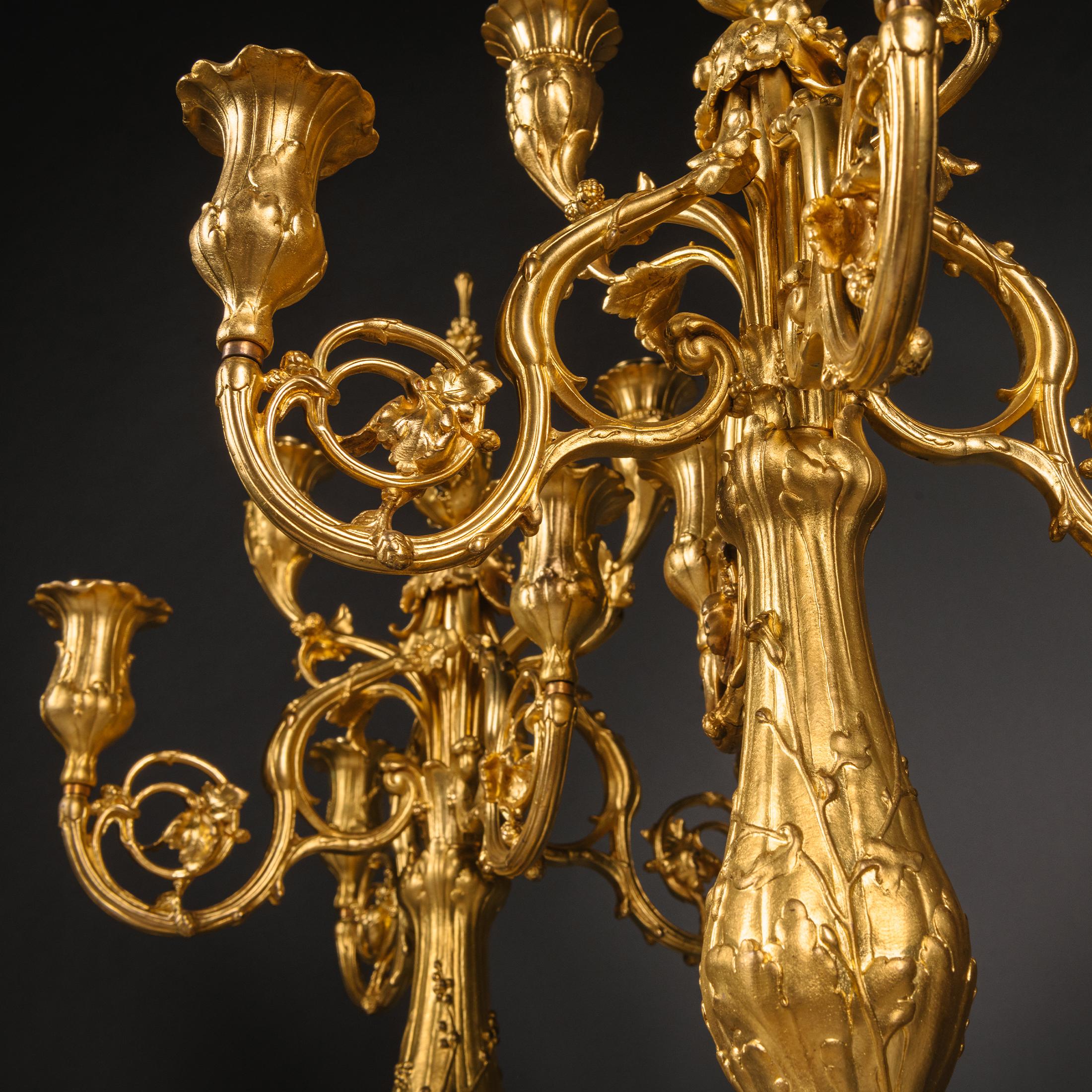 A Pair of Louis XV Style Gilt-Bornze Six-Light Candelabra by Robert Frères, Cast by Susse Frères.

Signed to the base ‘Robert Frères, à Paris’ and with the cachet stamp for ‘Editeur Susse Frères’.

This fine pair of candelabra have berried finials