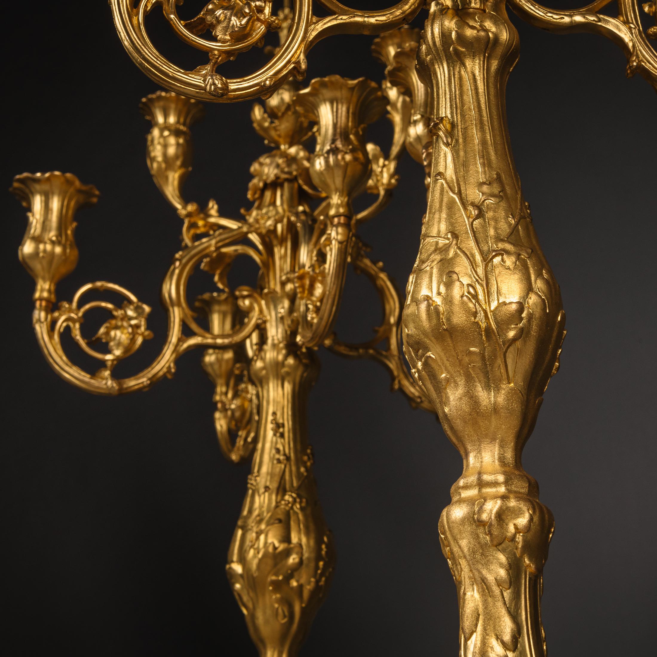 Gilt Pair of Louis XV Style Six-Light Candelabra by Robert Frères For Sale