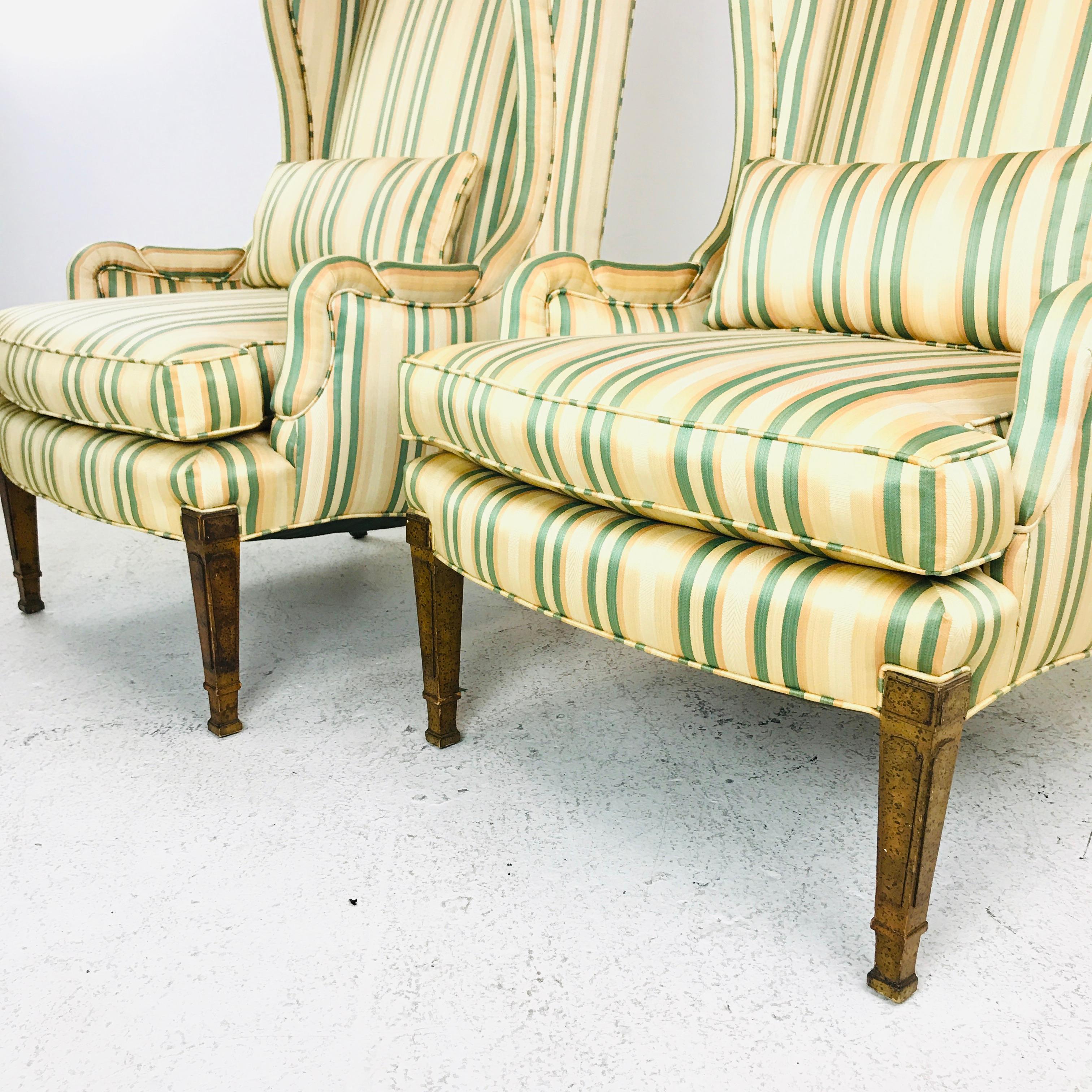 American Pair of Louis XV Style Striped Wingback Chairs