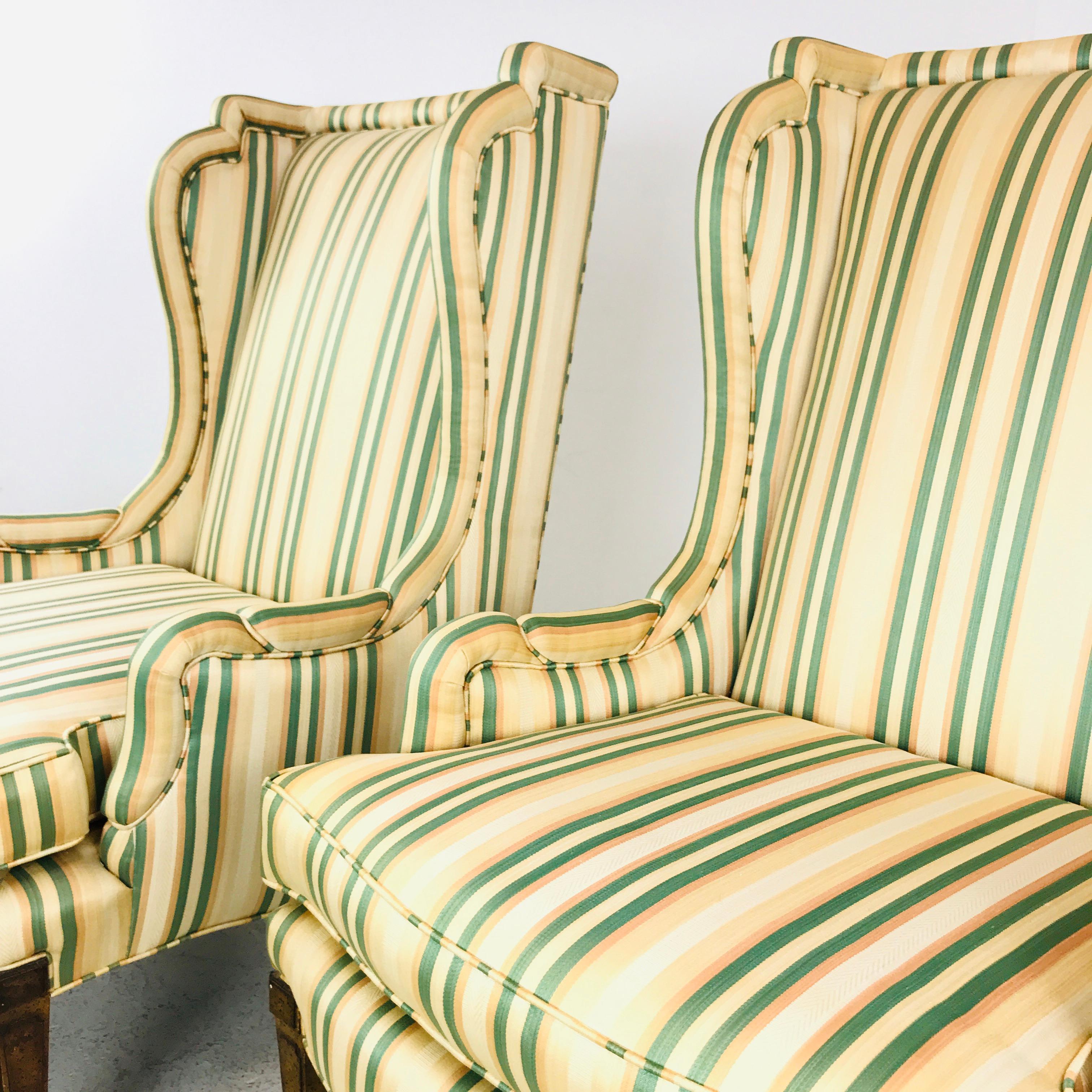 Mid-20th Century Pair of Louis XV Style Striped Wingback Chairs