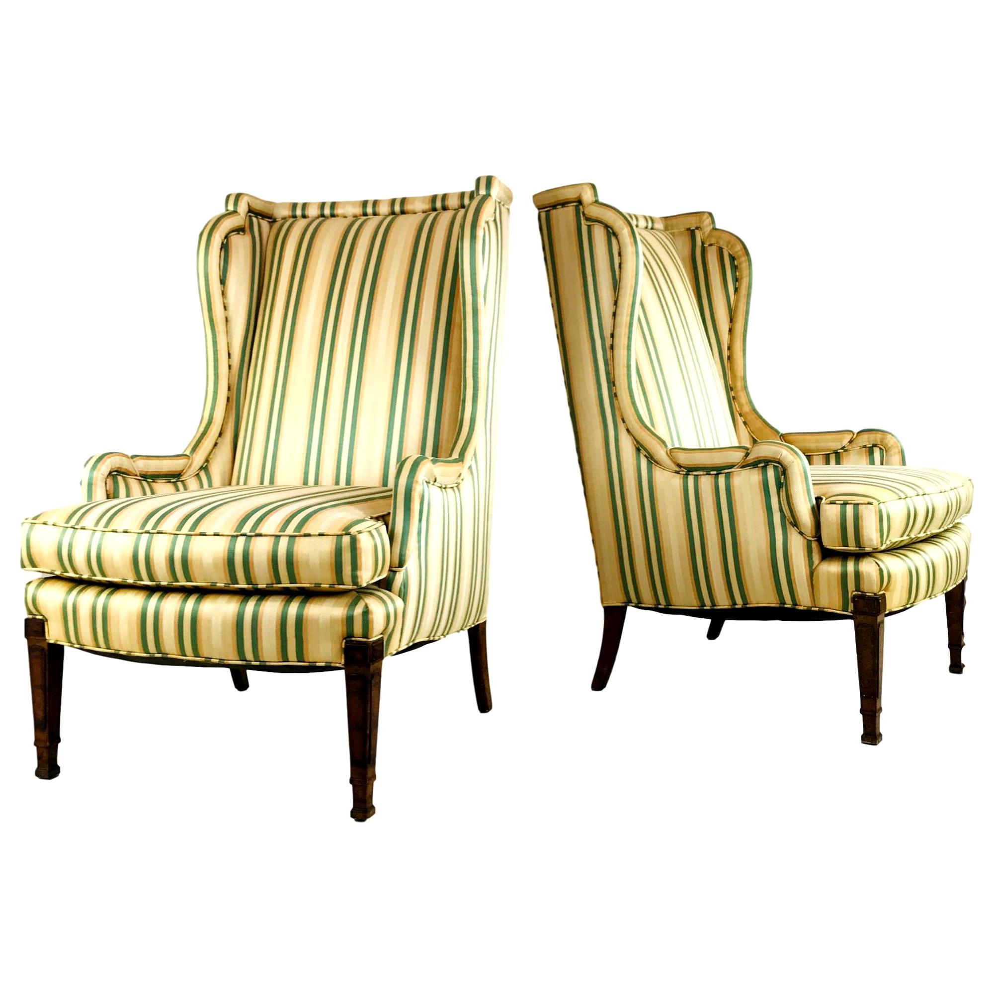 Pair of Louis XV Style Striped Wingback Chairs