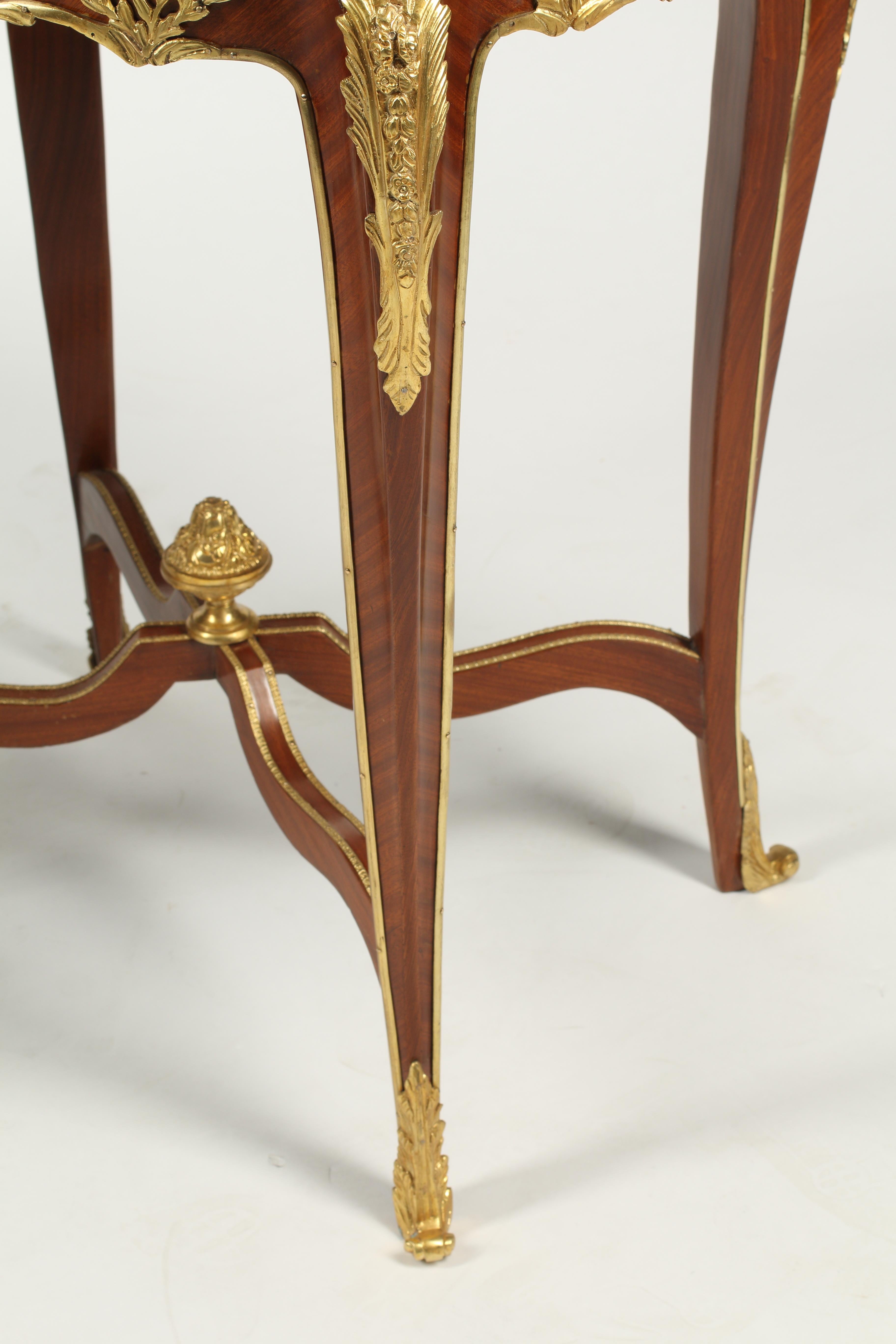 Veneer Pair of Louis XV Style Tables with Marble Top and Bronze Mounts For Sale