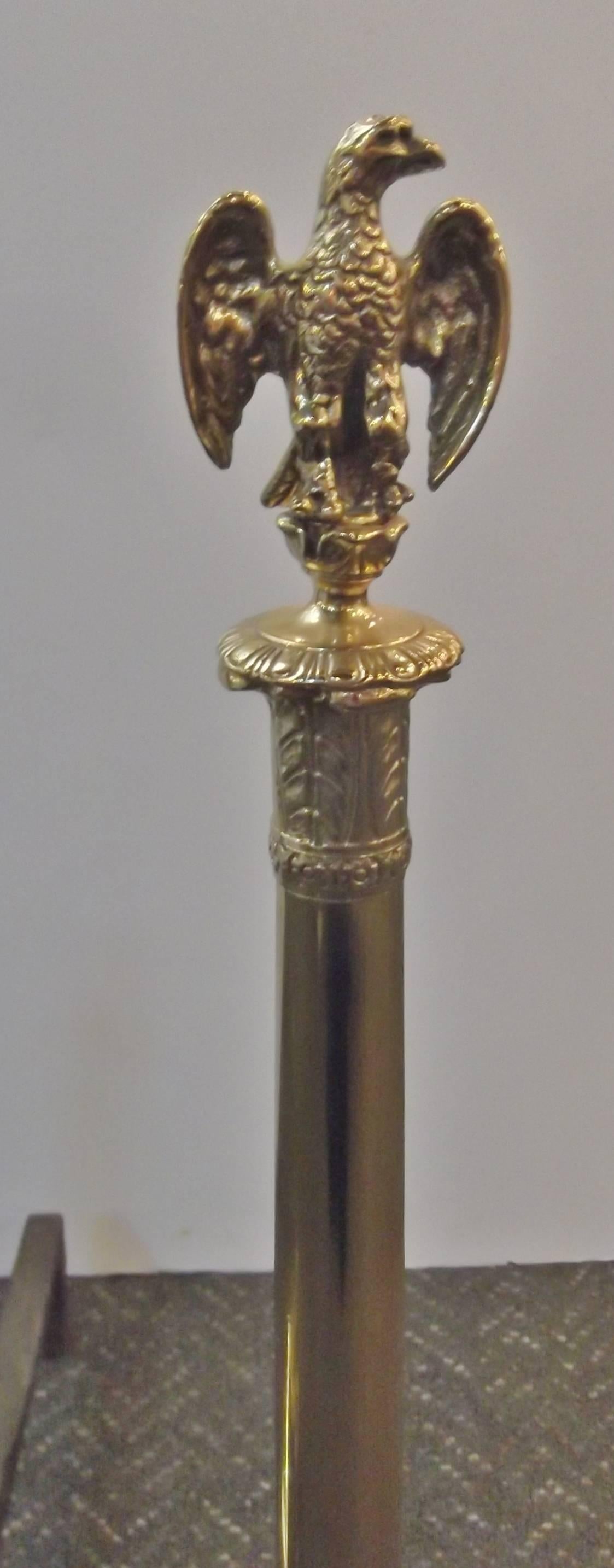 A pair of Louis XV style tall andiron. Cast brass with triple footed bases, cast brass rings and eagle finial tops. These andirons have nicely cast details and an elegant slender silhouette.