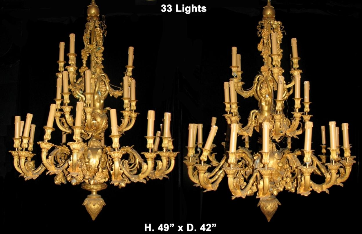 Pair of Louis XV Style Thirty-Three-Light Ormolu Figural Chandeliers For Sale 5