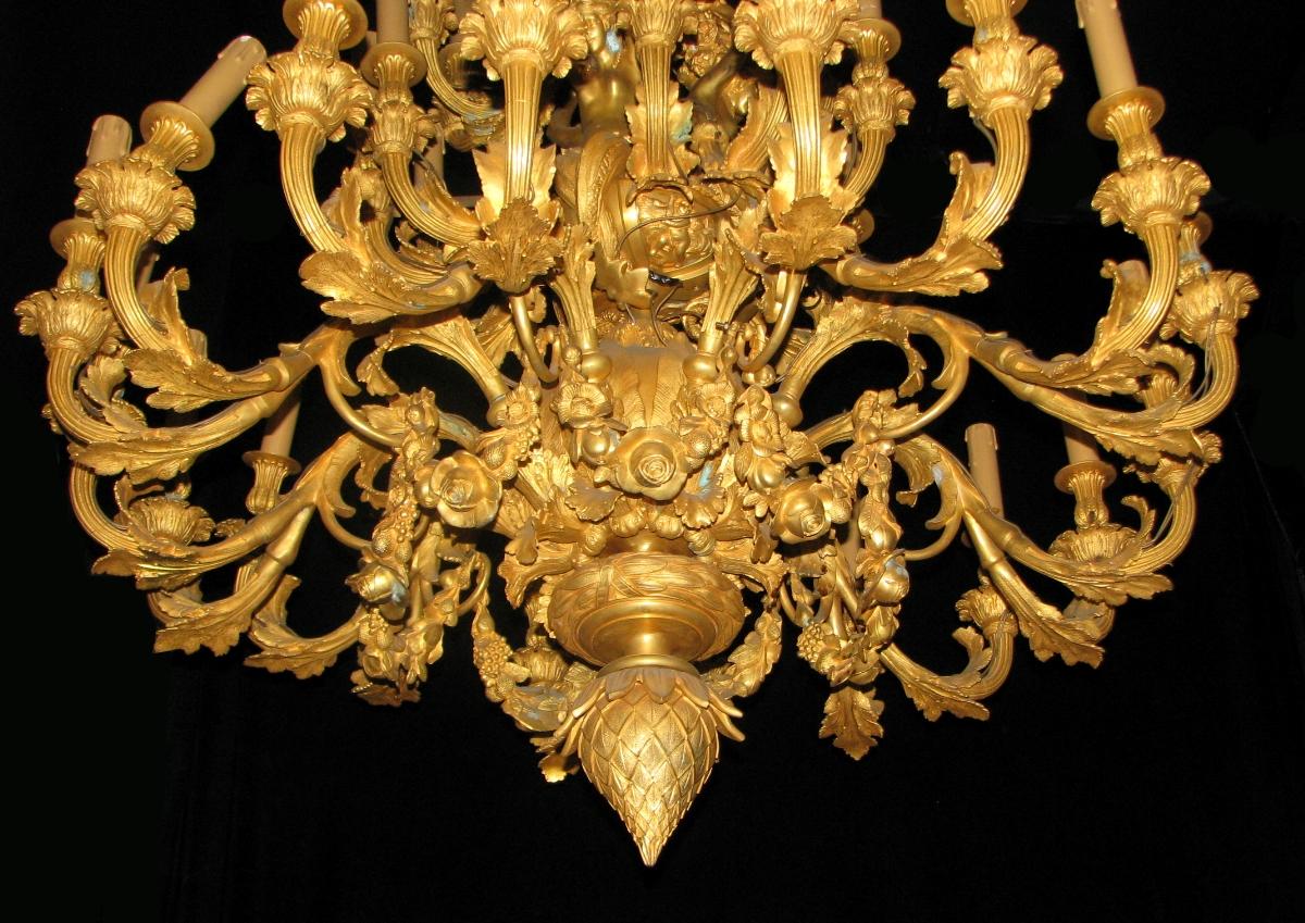 Pair of Louis XV Style Thirty-Three-Light Ormolu Figural Chandeliers For Sale 7