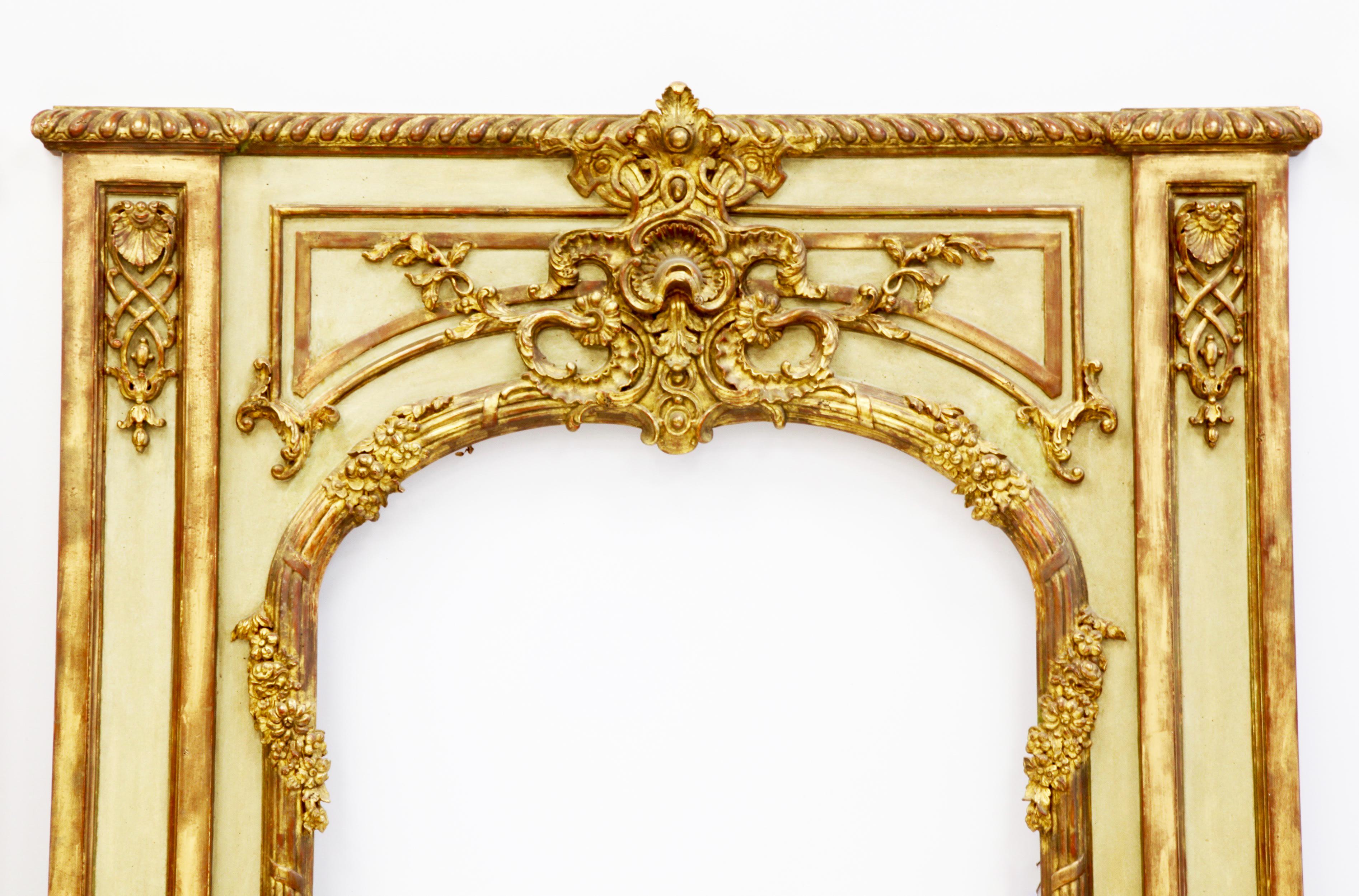 British Pair of Louis XV Style Trumeau Mirrors, French Green with Aged Gold Highlights For Sale
