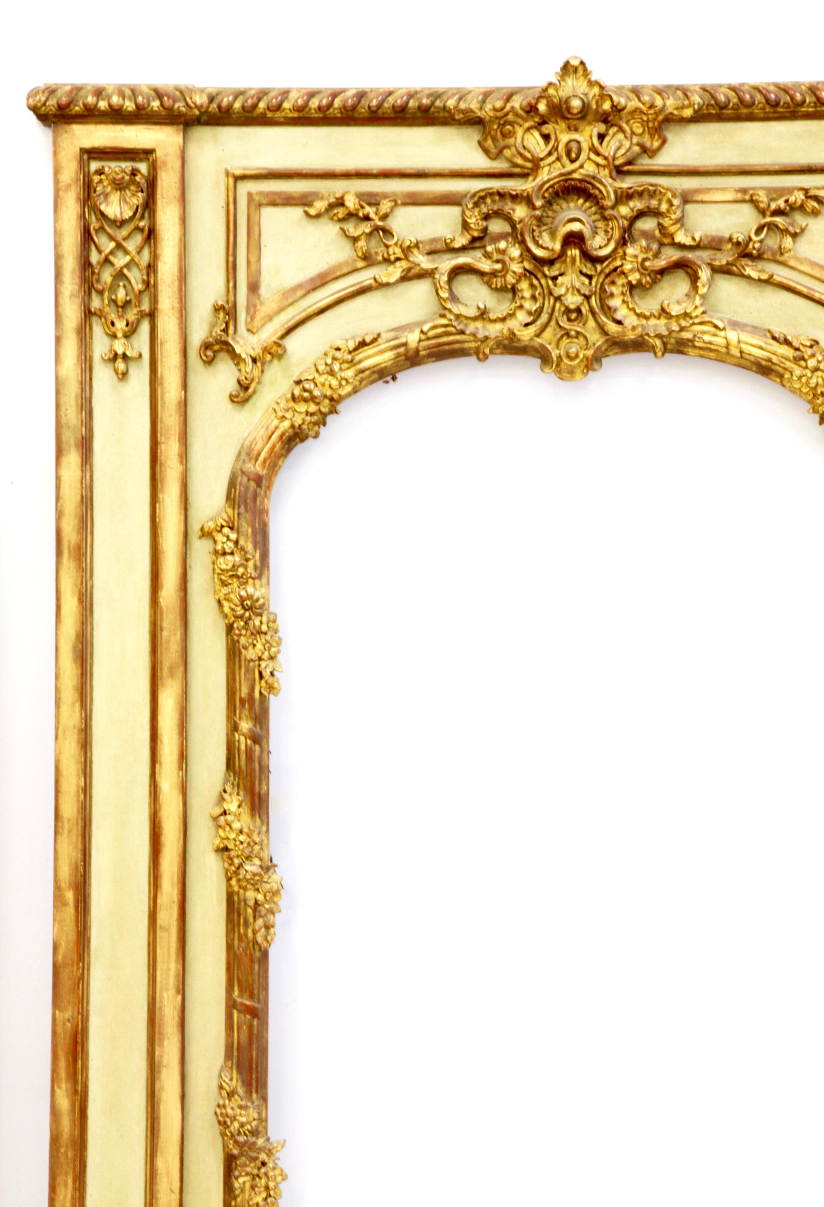 Hand-Carved Pair of Louis XV Style Trumeau Mirrors, French Green with Aged Gold Highlights For Sale