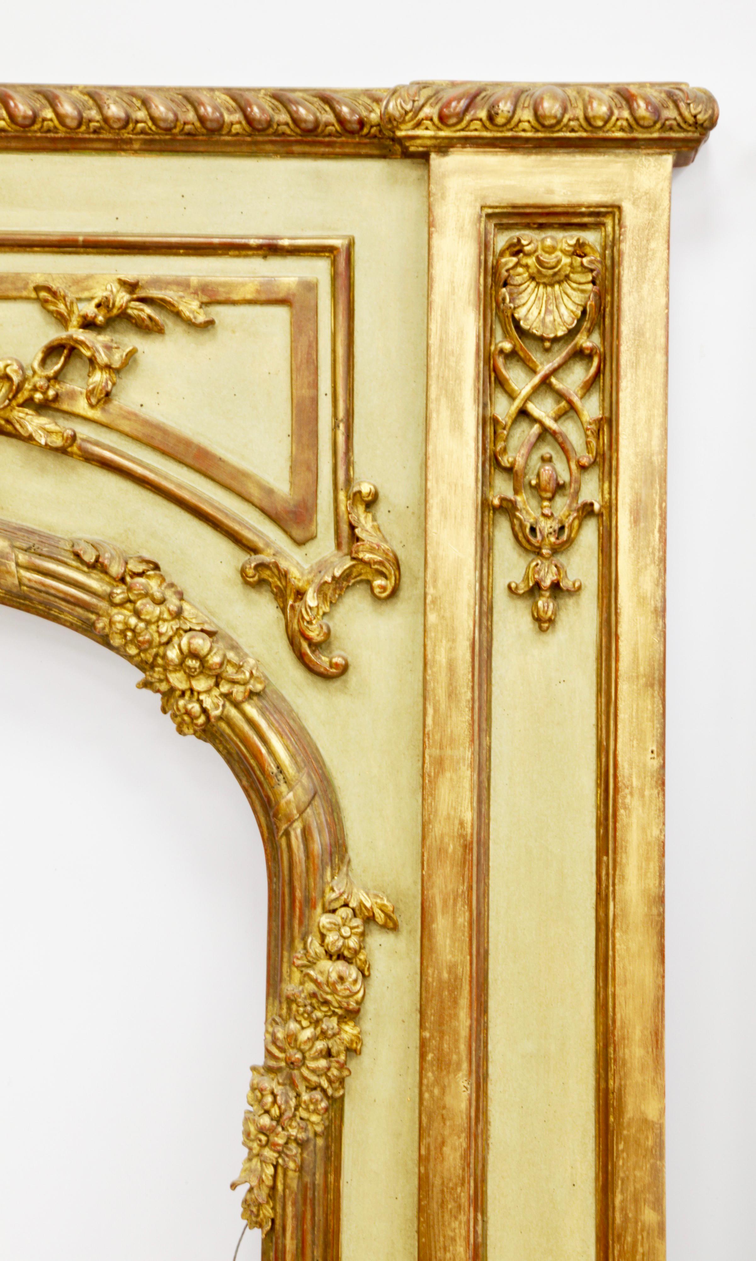 Wood Pair of Louis XV Style Trumeau Mirrors, French Green with Aged Gold Highlights For Sale