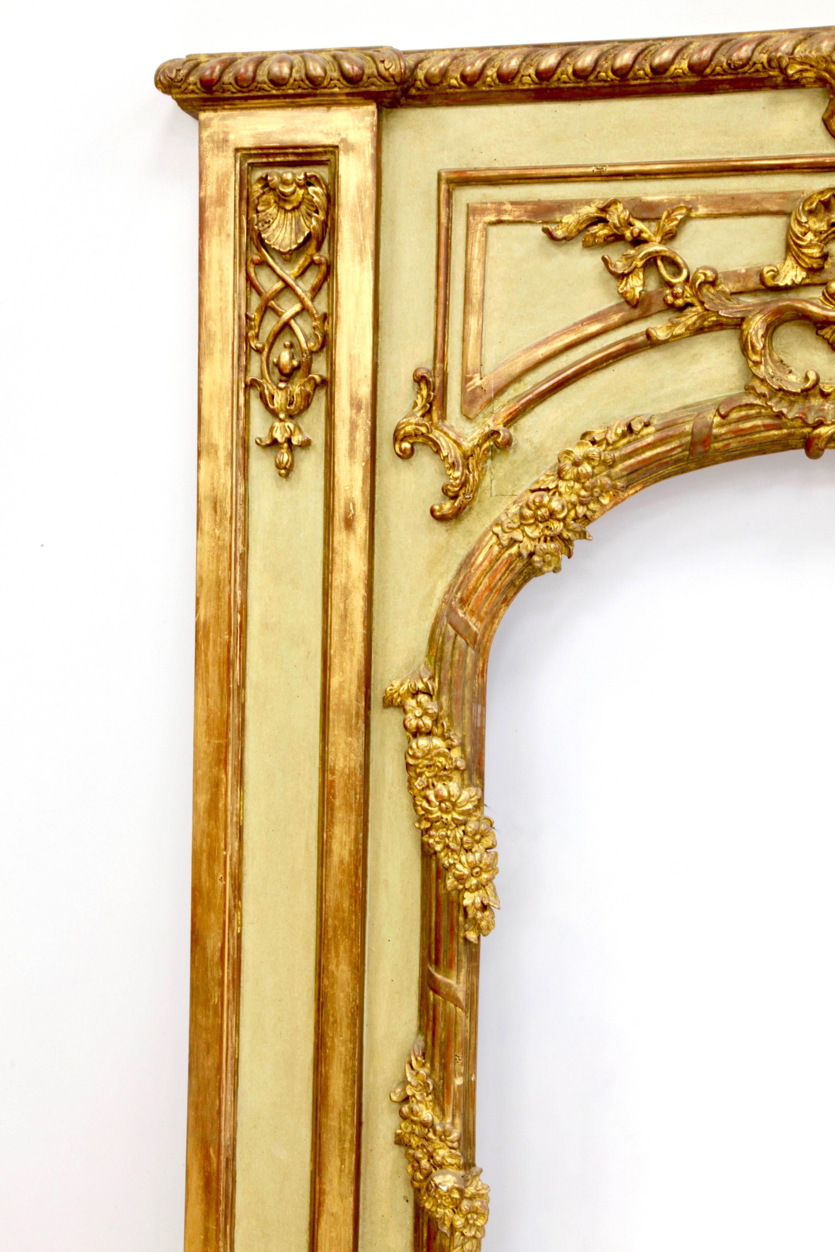 Pair of Louis XV Style Trumeau Mirrors, French Green with Aged Gold Highlights For Sale 2