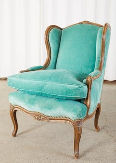 Pair of Louis XV Style Turquoise Velvet Wingback Bergères
