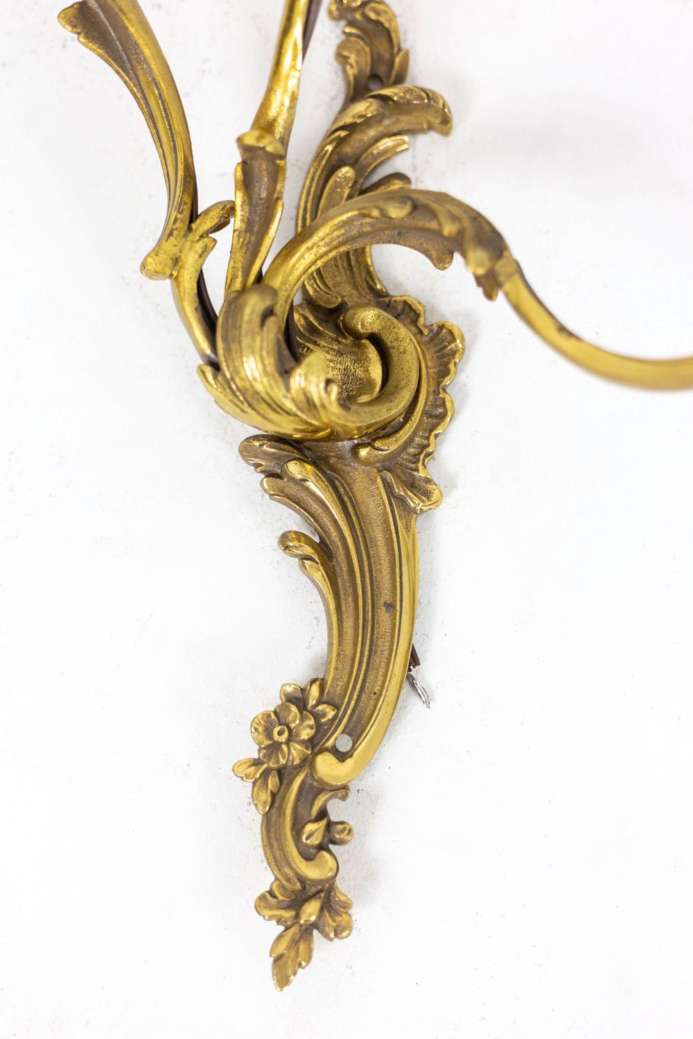 European Pair of Louis XV Style Wall Sconces in Gilt Bronze, 1950s For Sale