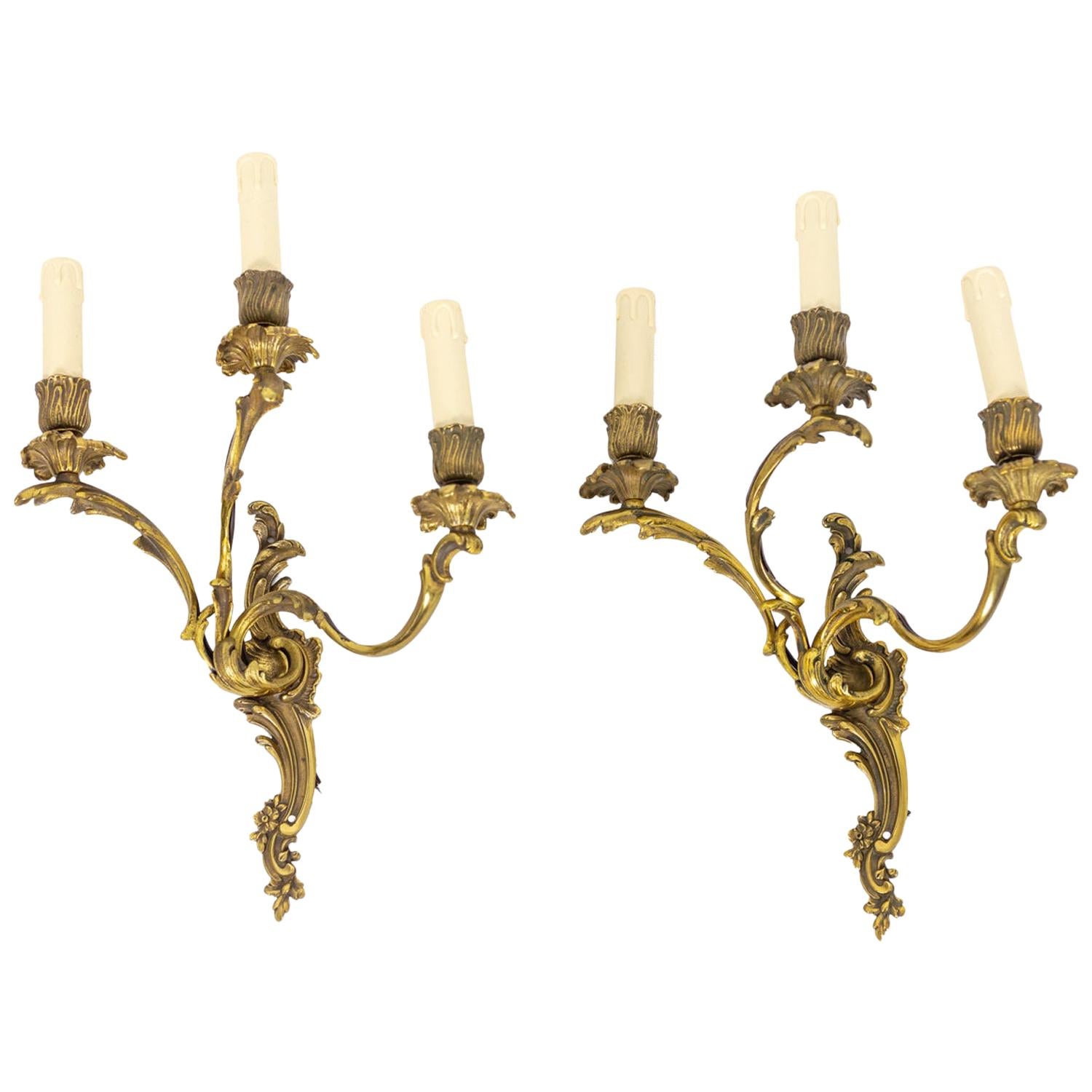 Pair of Louis XV Style Wall Sconces in Gilt Bronze, 1950s For Sale