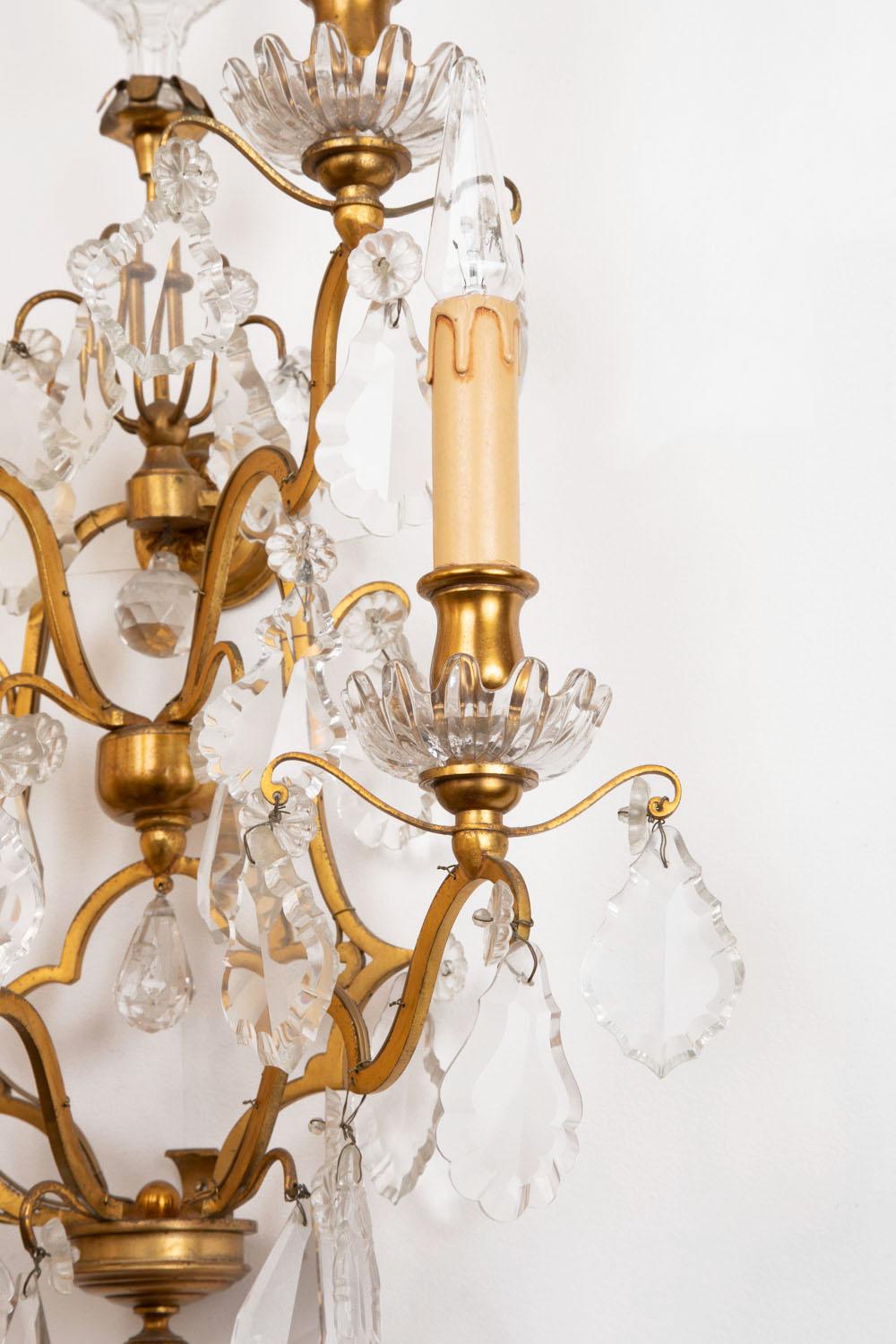 20th Century Pair of Louis XV Style Wall Sconces in Gilt Bronze and Crystal, circa 1900