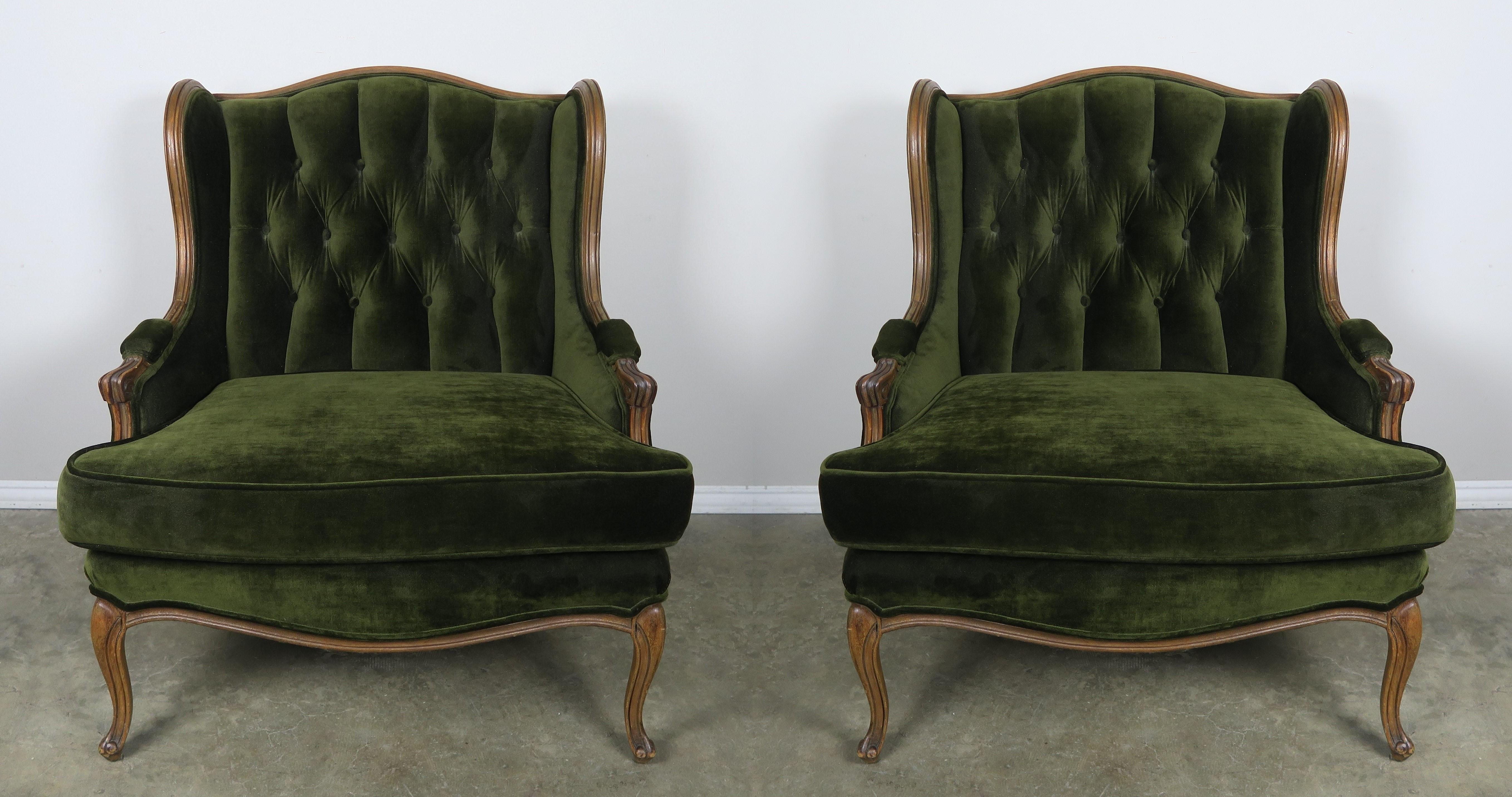 20th Century Pair of Louis XV Style Walnut and Green Velvet Wingback Bergères