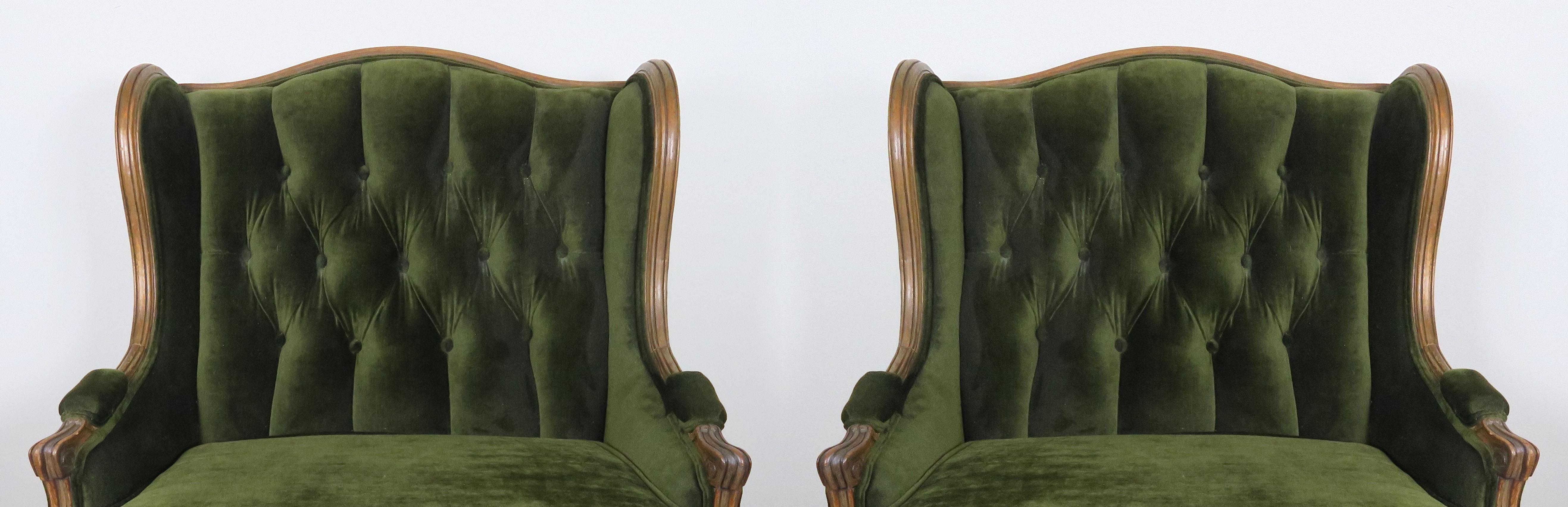 Pair of Louis XV Style Walnut and Green Velvet Wingback Bergères 1
