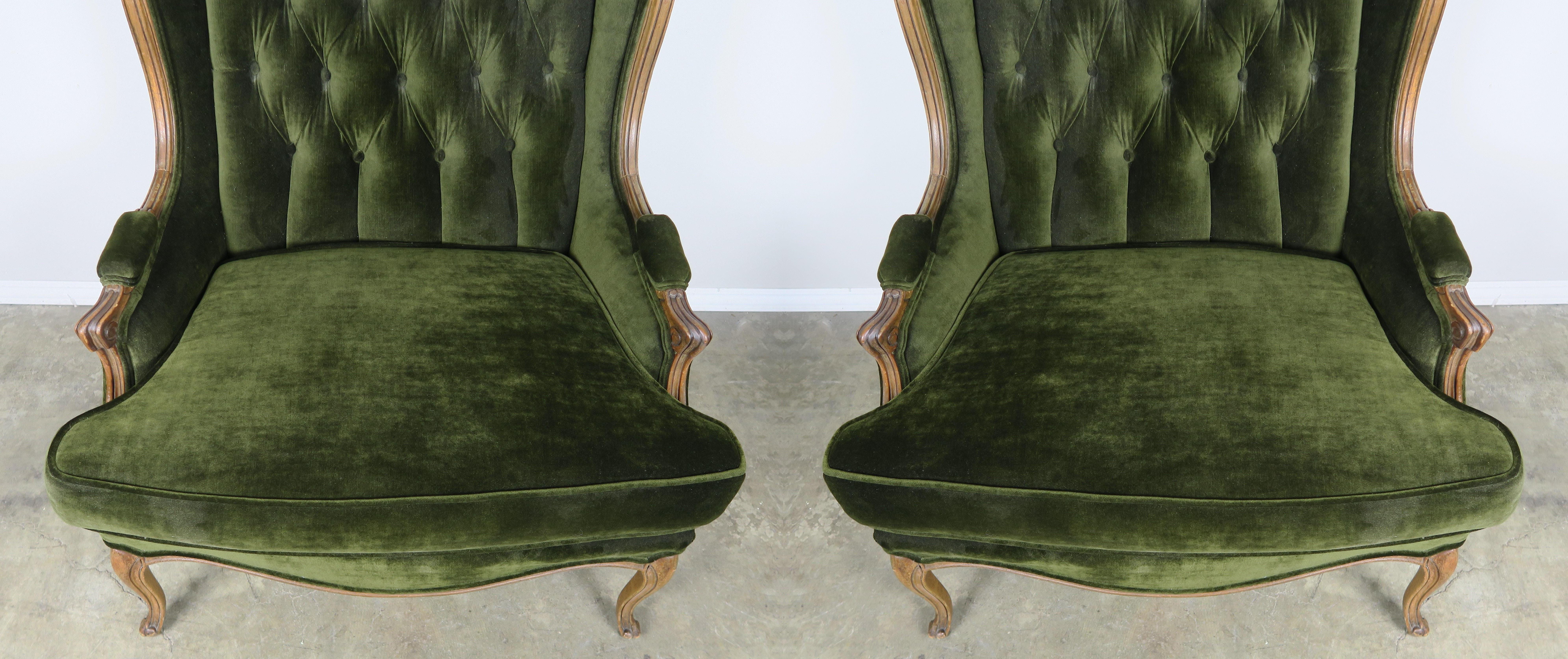 Pair of Louis XV Style Walnut and Green Velvet Wingback Bergères 3