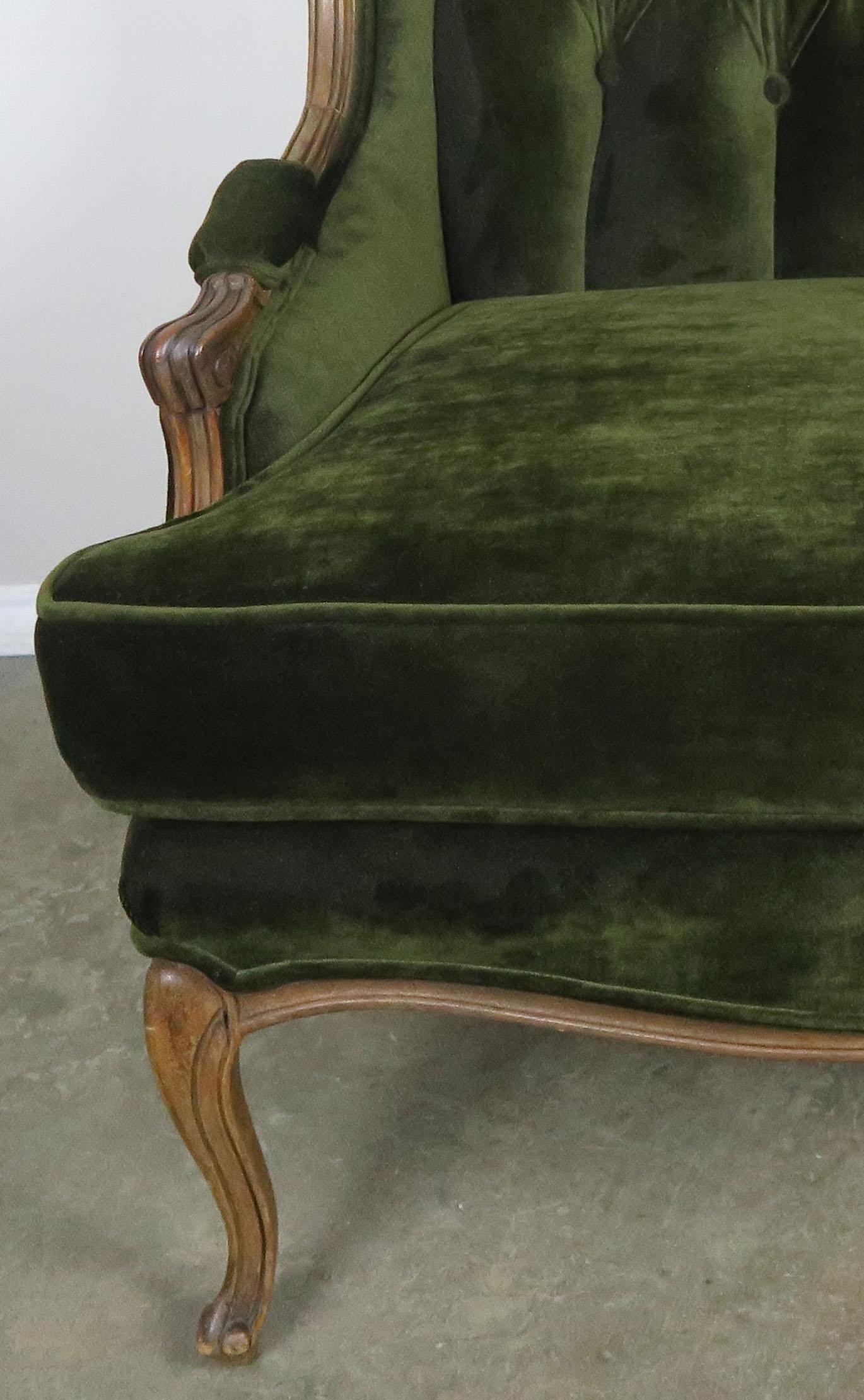 Pair of Louis XV Style Walnut and Green Velvet Wingback Bergères 4