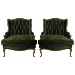 Antique Pair of Louis XV Style Walnut and Green Velvet Wingback Bergères