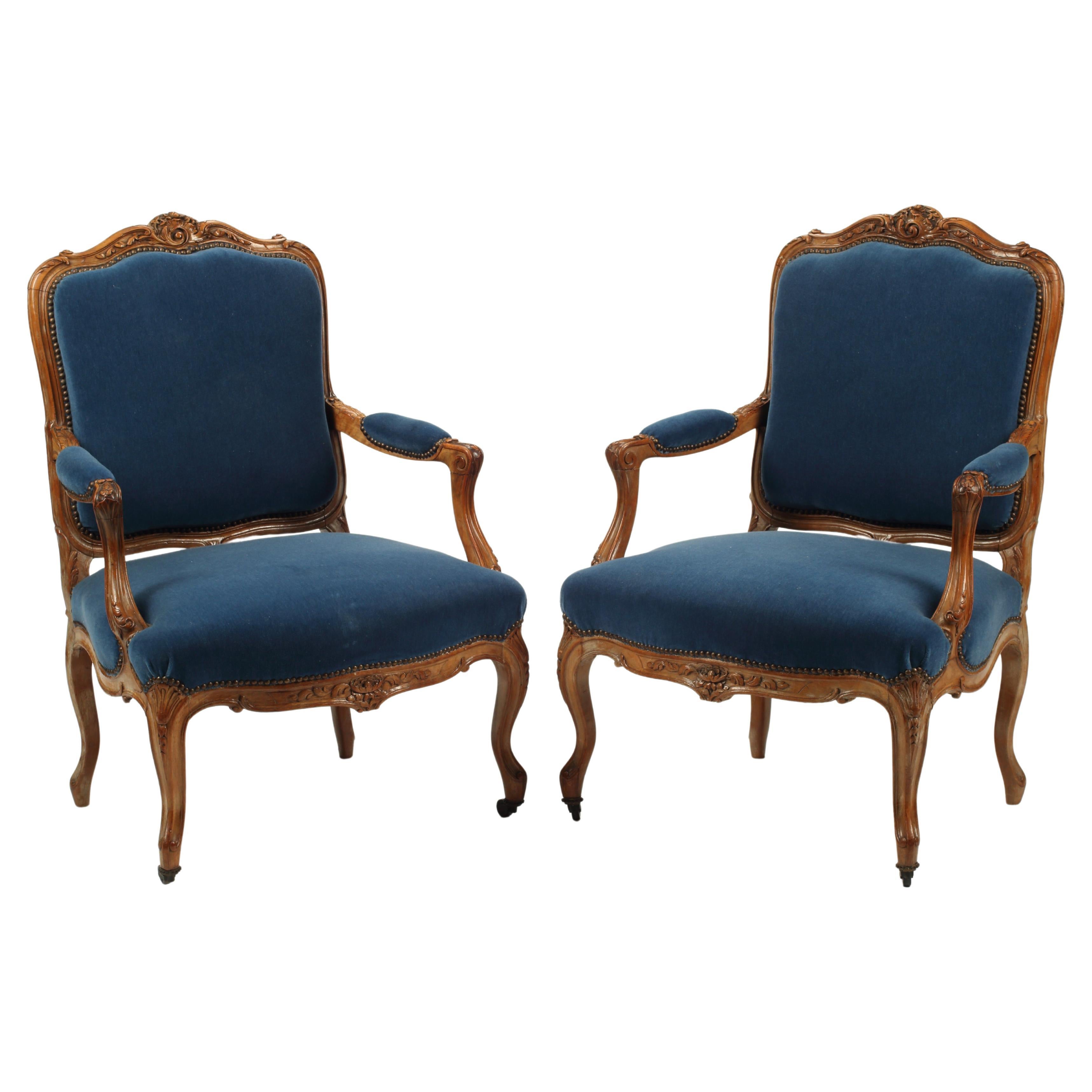 Pair of Louis XV Style Walnut Armchairs, 19th Century French