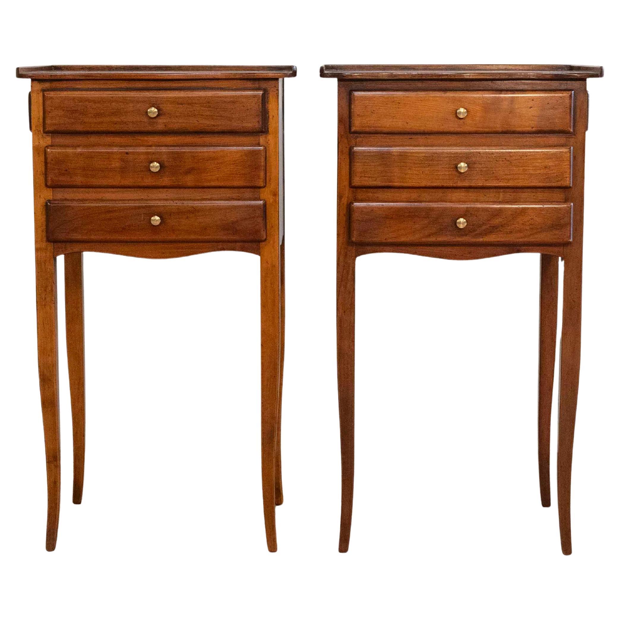 Pair of Louis XV–Style Walnut Bedside Tables with Three Drawers, France For Sale