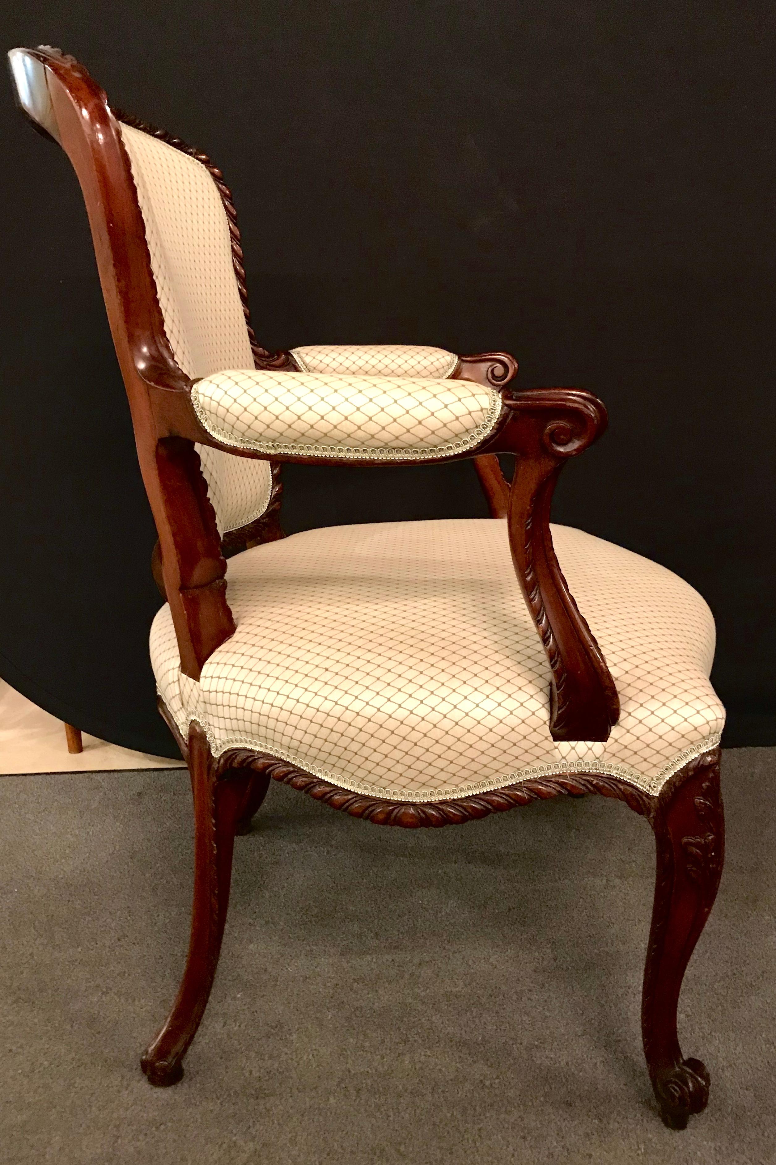 Mid-20th Century Louis XV Style, Armchairs, Ivory Scalamandre Fabric, Walnut, 1950s For Sale