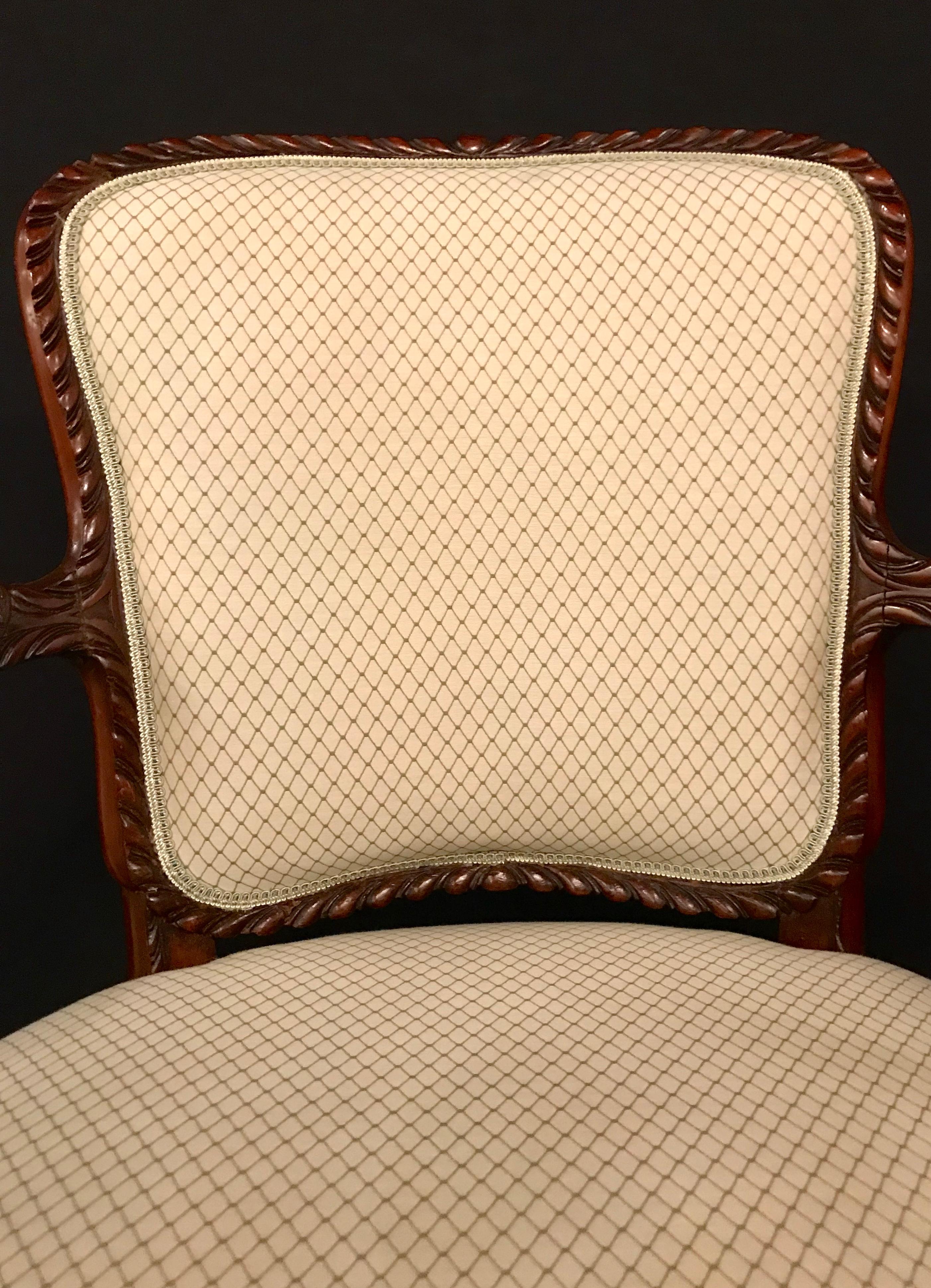 Louis XV Style, Armchairs, Ivory Scalamandre Fabric, Walnut, 1950s For Sale 1
