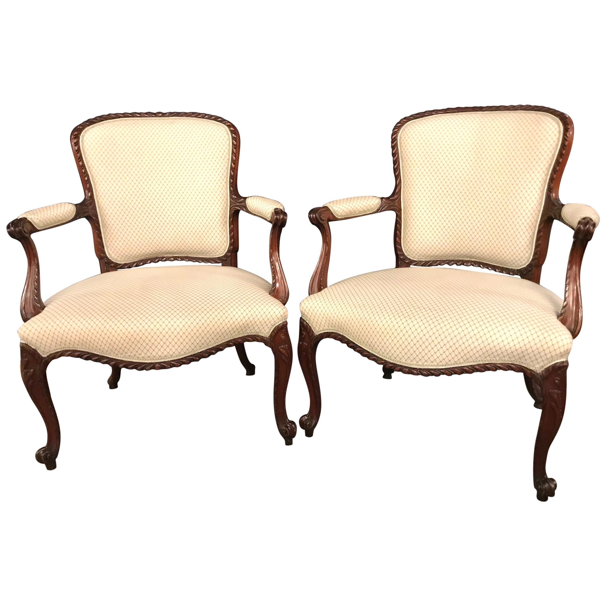 Louis XV Style, Armchairs, Ivory Scalamandre Fabric, Walnut, 1950s For Sale