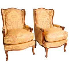Pair of Louis XV Style Walnut Framed Wing Back Armchairs