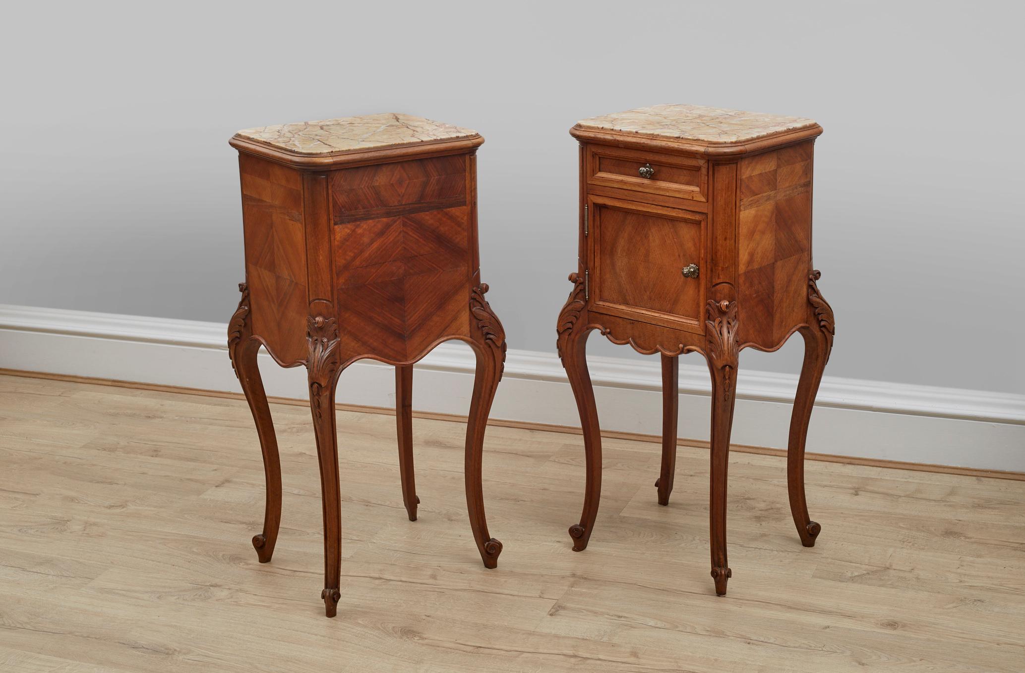 French Provincial Pair of Louis XV Style Walnut Marble Top Nightstands. 1920-1930's