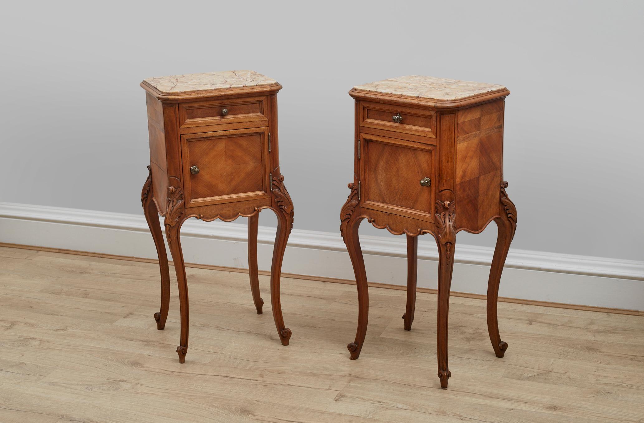 French Pair of Louis XV Style Walnut Marble Top Nightstands. 1920-1930's