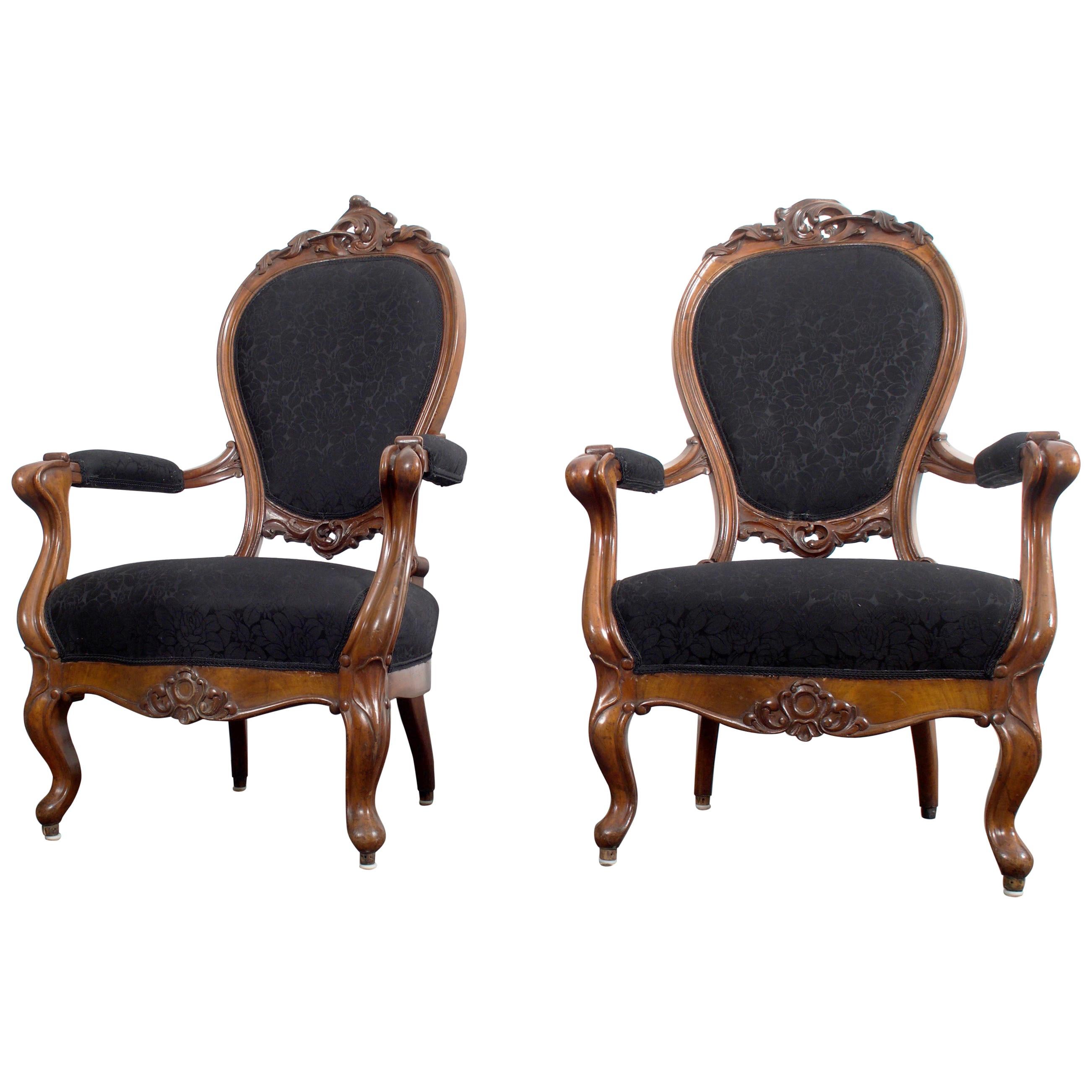 Pair of Louis XV Style Walnut Wood Armchairs
