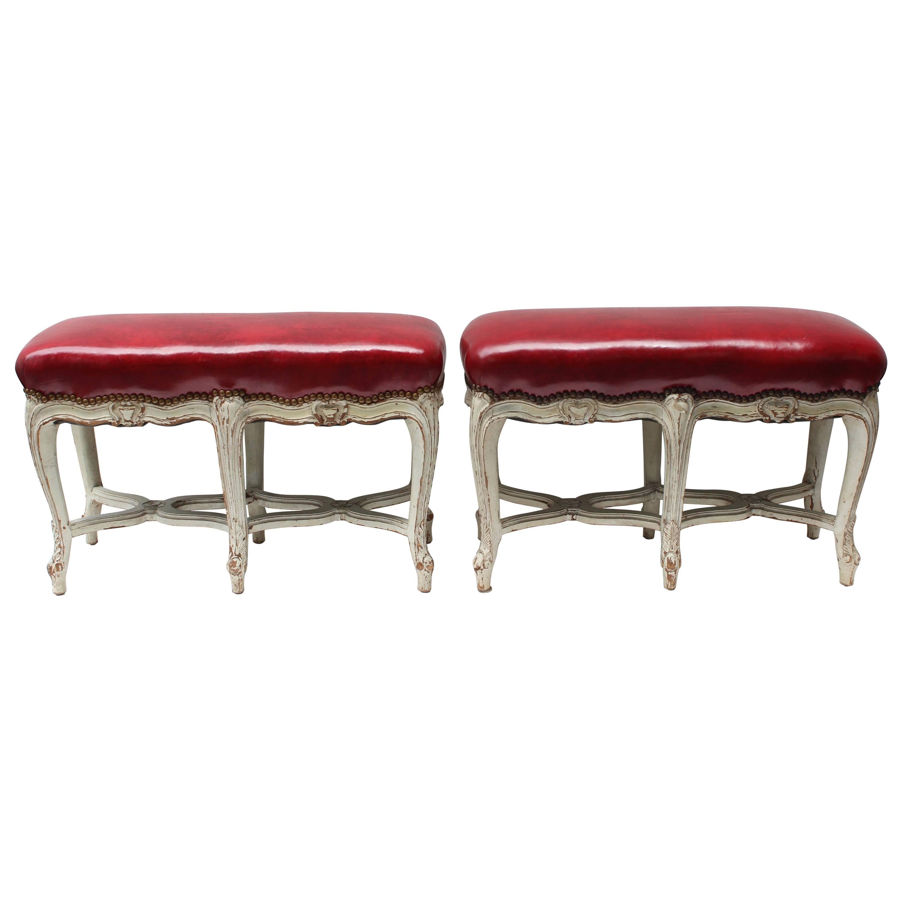 Pair of Louis XV Style White Painted Benches