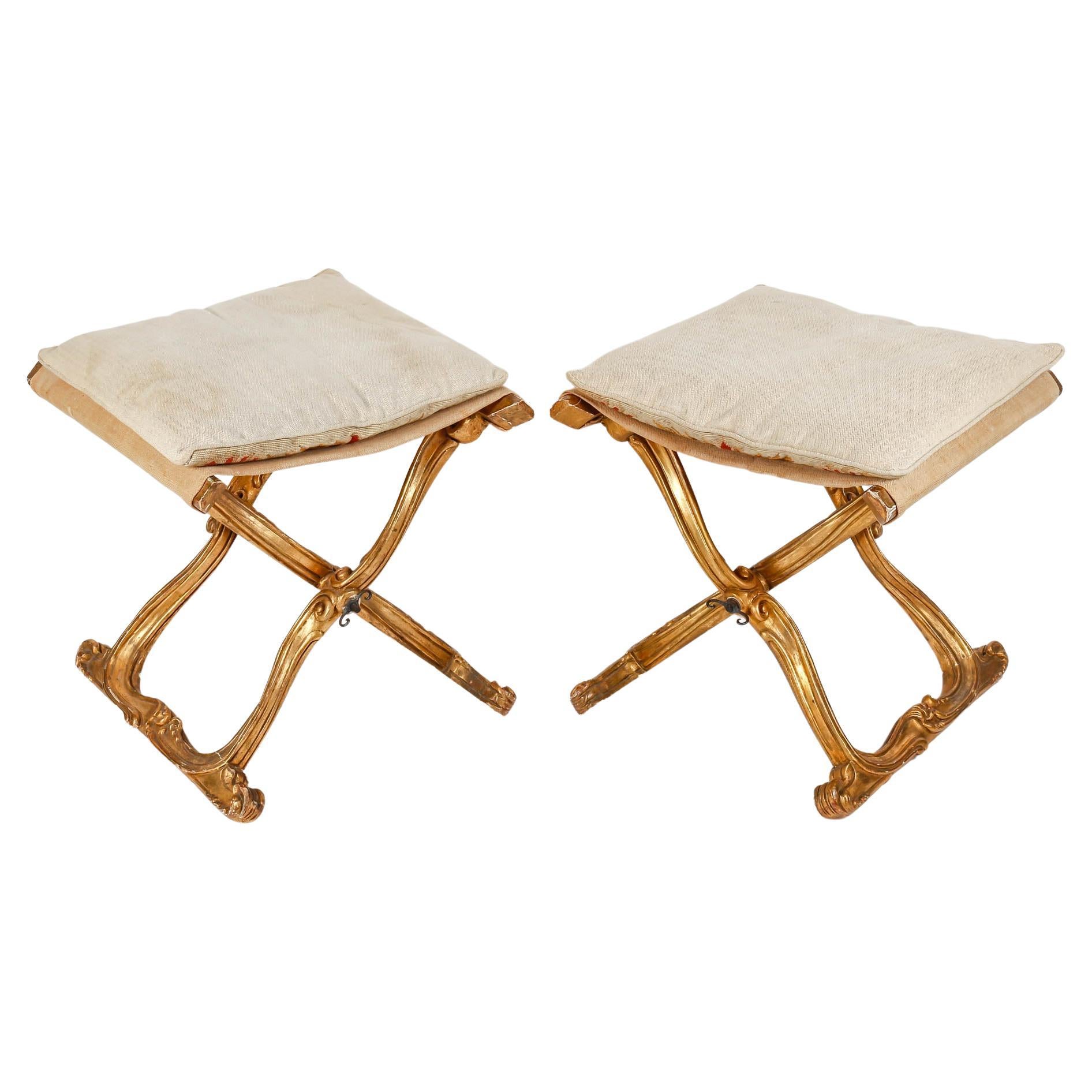 Pair of Louis XV Style X-Shaped Stools, 19th Century. For Sale