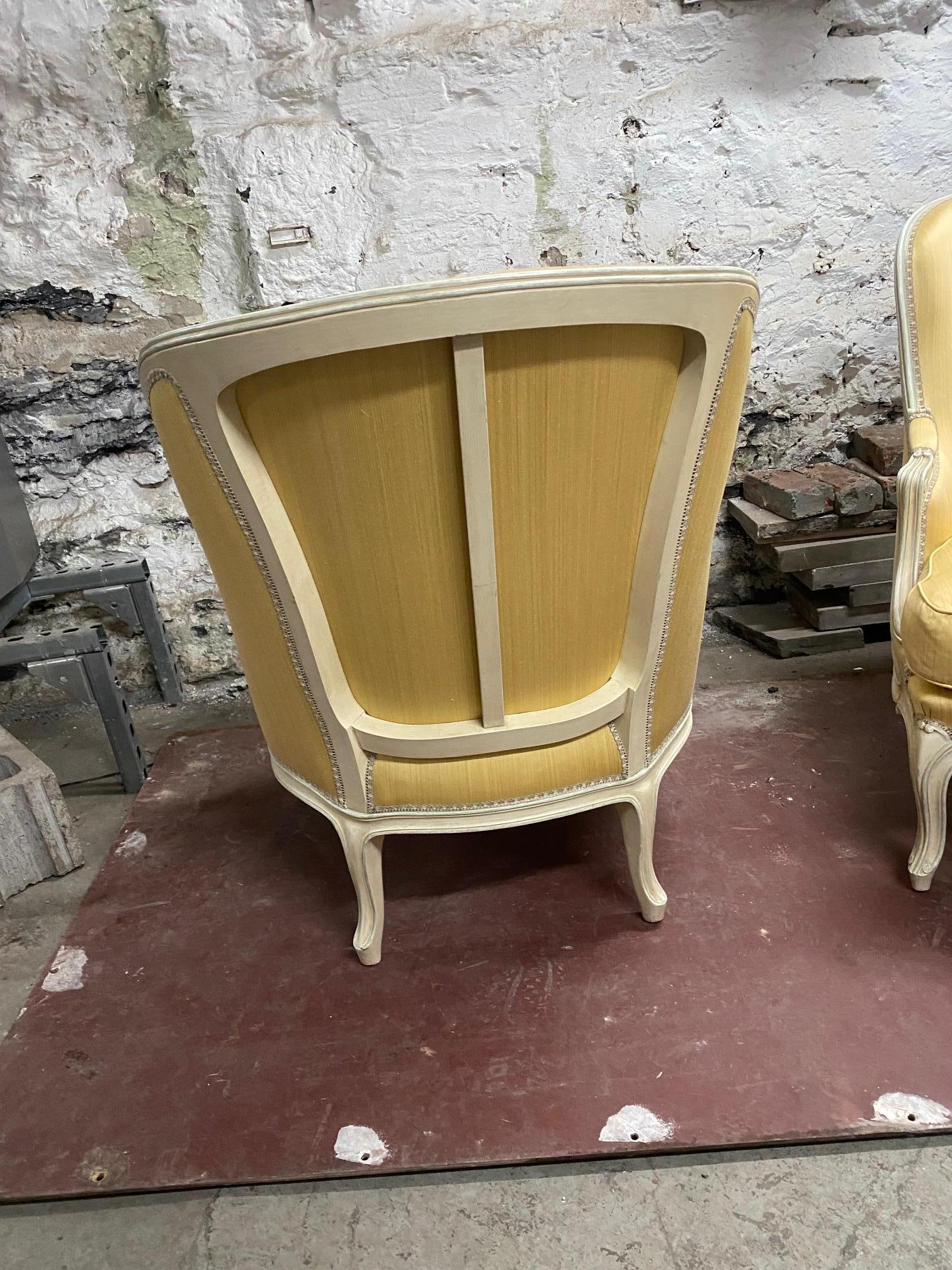 Pair of Louis XV Style Yellow Upholstered Painted Wood Bergère Chairs For Sale 5
