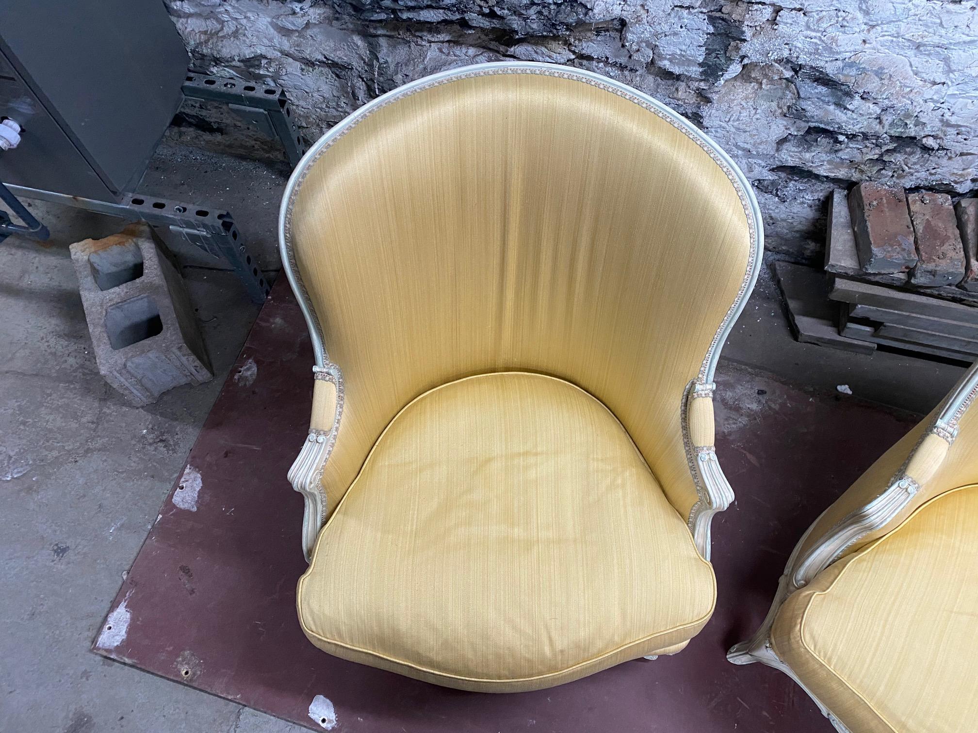 Pair of Louis XV Style Yellow Upholstered Painted Wood Bergère Chairs For Sale 8