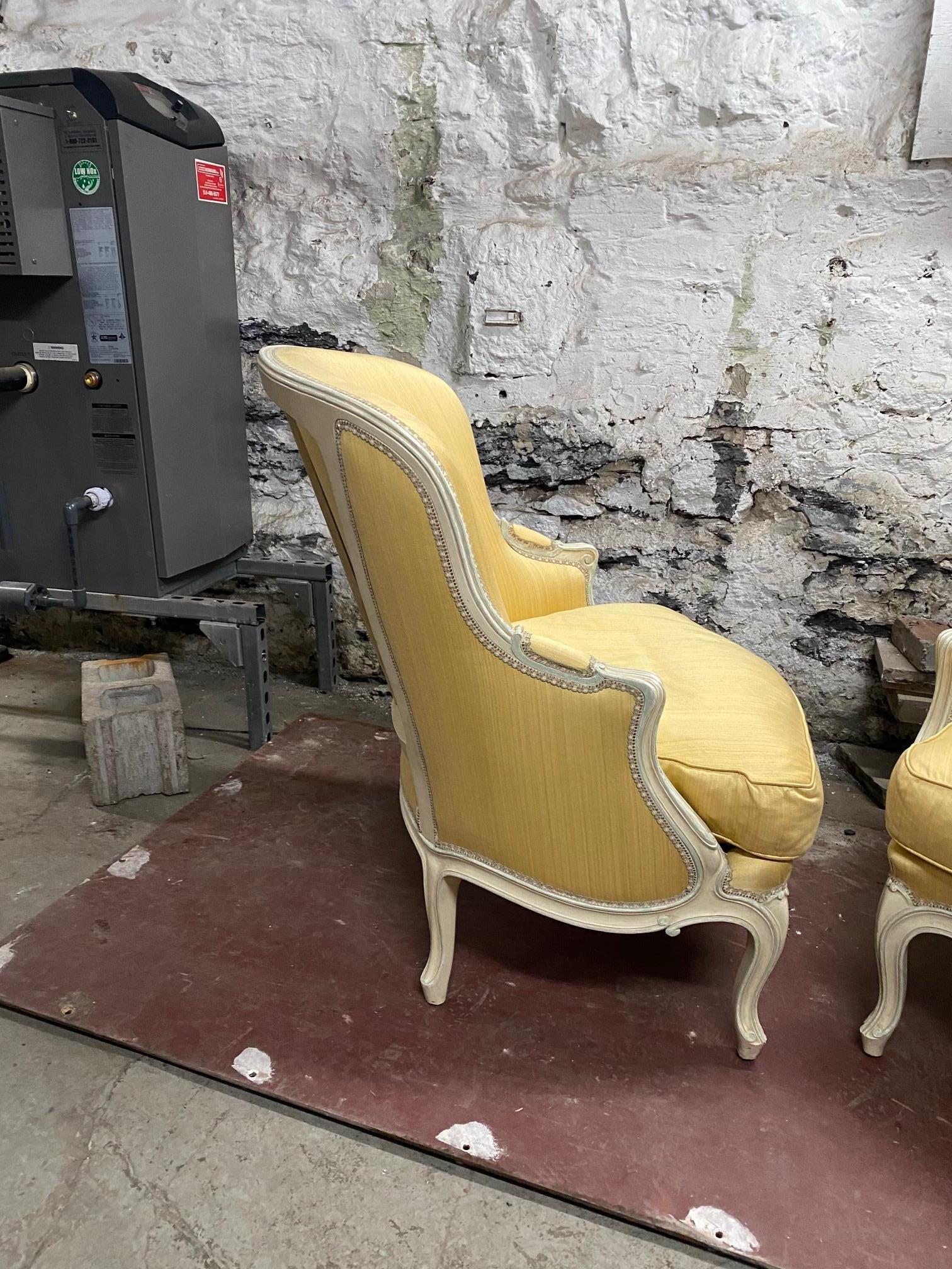 Pair of Louis XV Style Yellow Upholstered Painted Wood Bergère Chairs For Sale 2