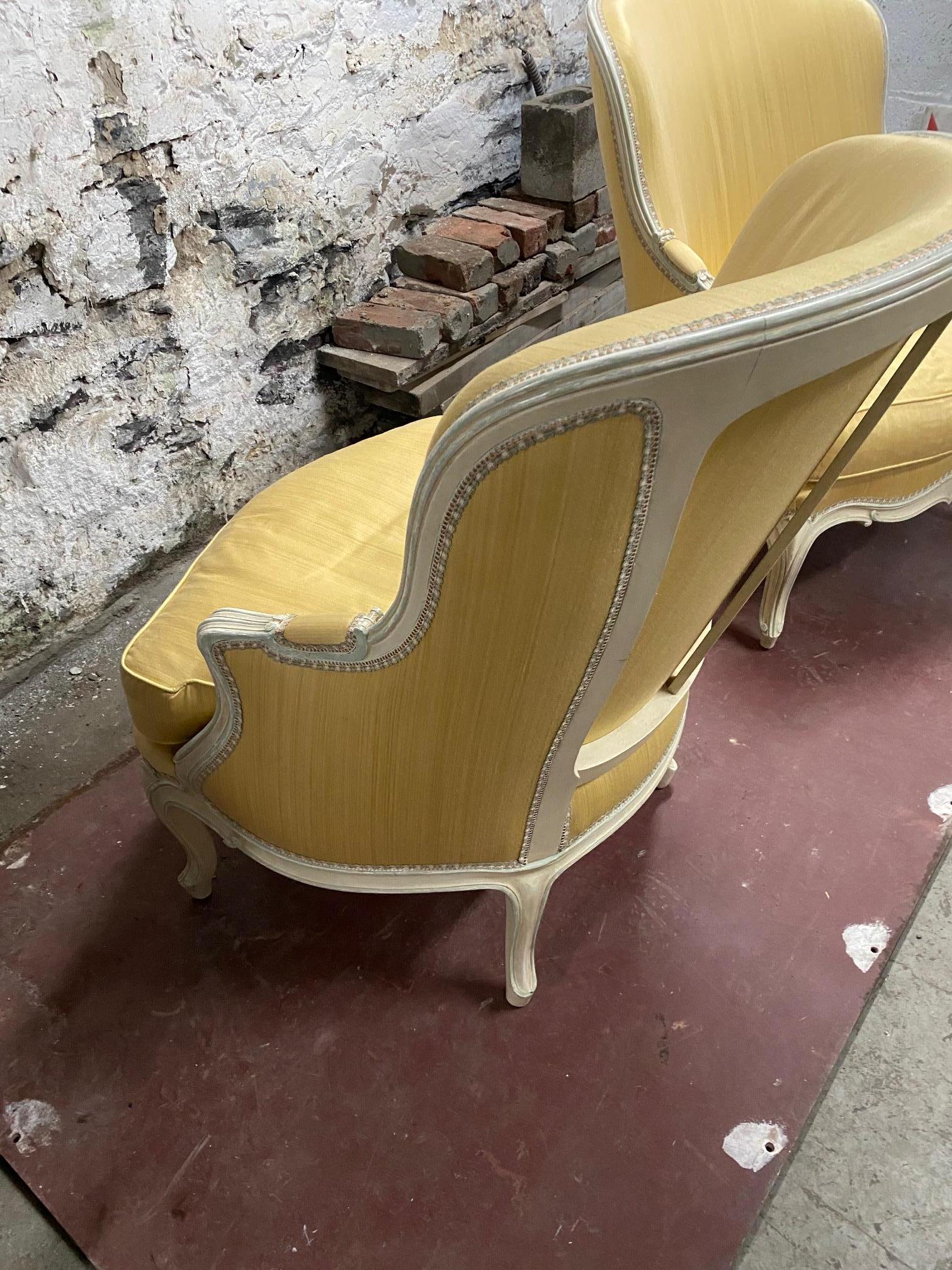 Pair of Louis XV Style Yellow Upholstered Painted Wood Bergère Chairs For Sale 4