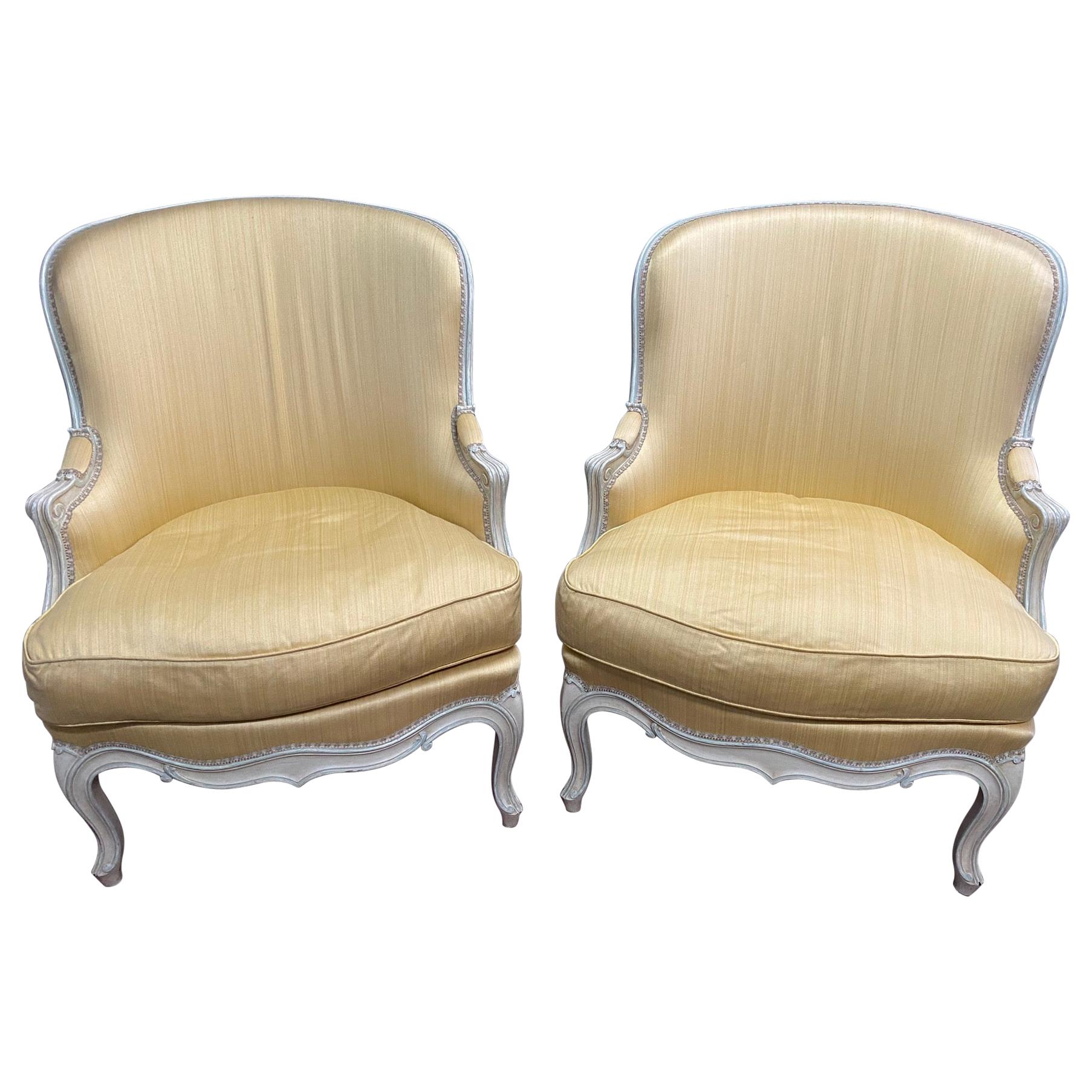 Pair of Louis XV Style Yellow Upholstered Painted Wood Bergère Chairs For Sale