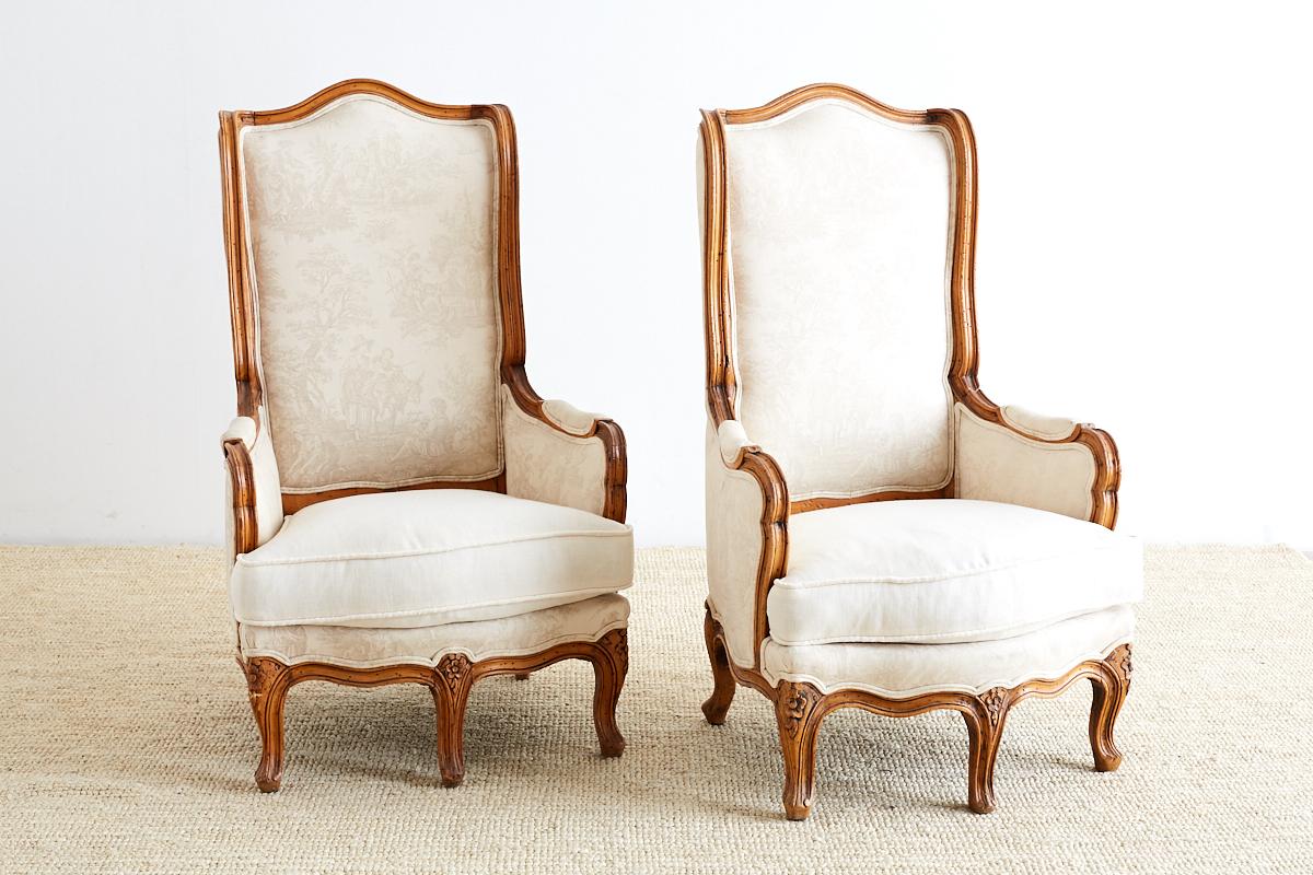 Hand-Crafted Pair of Louis XV Toile Five-Leg Bergeres