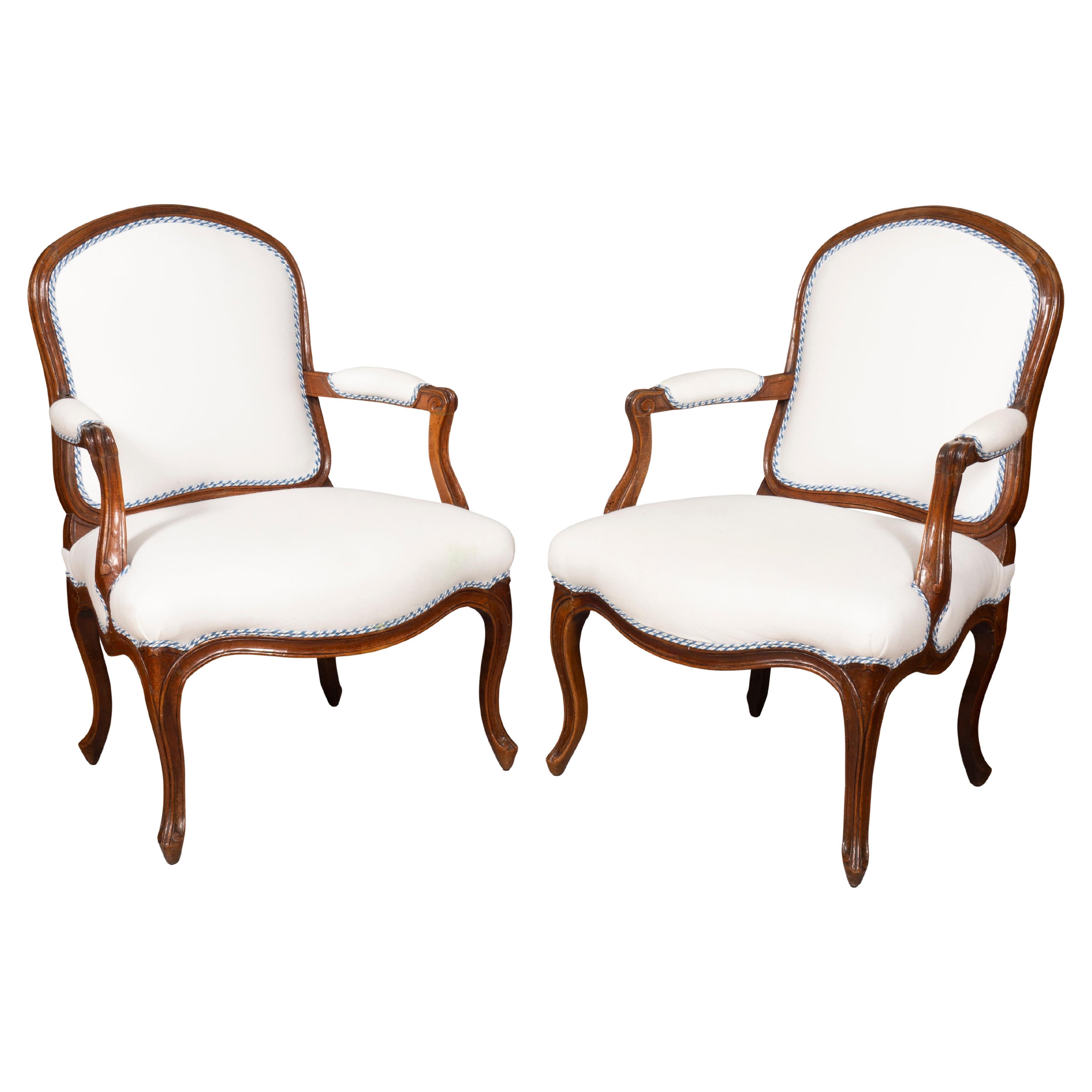 Pair Of Louis XV Walnut Armchairs For Sale