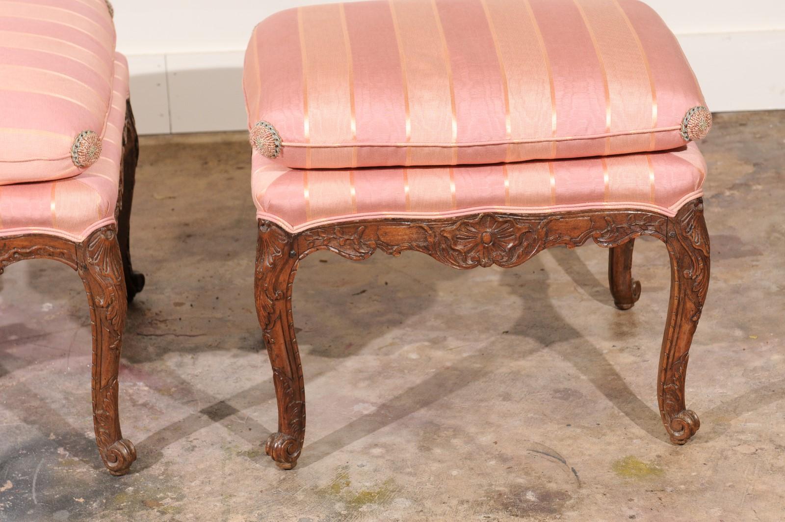 Fabric Pair of Louis XV Walnut Stools For Sale