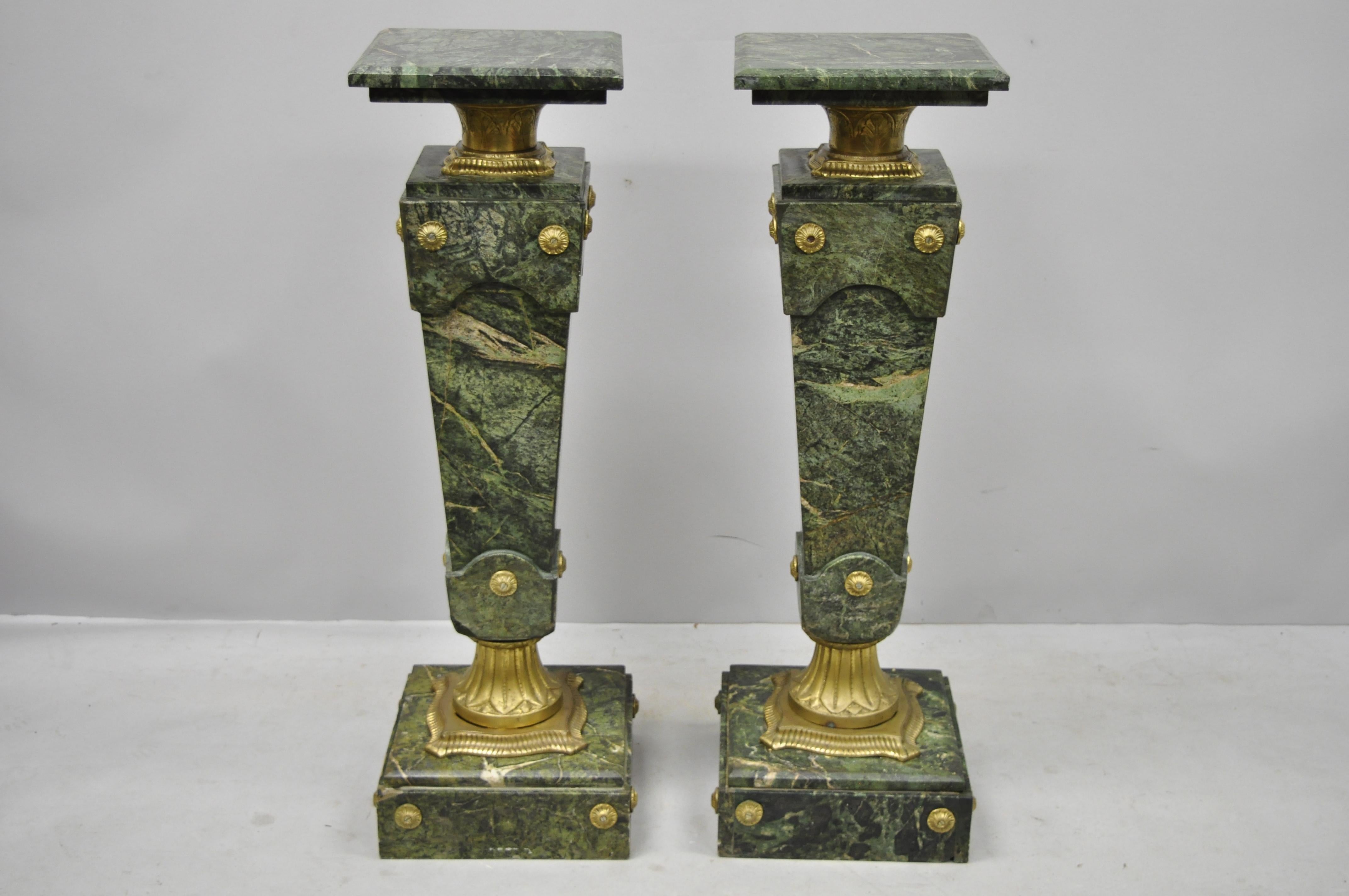 Pair of Louis XV XVI French Style Green Marble Pedestal Stands, Bronze Ormolu 6