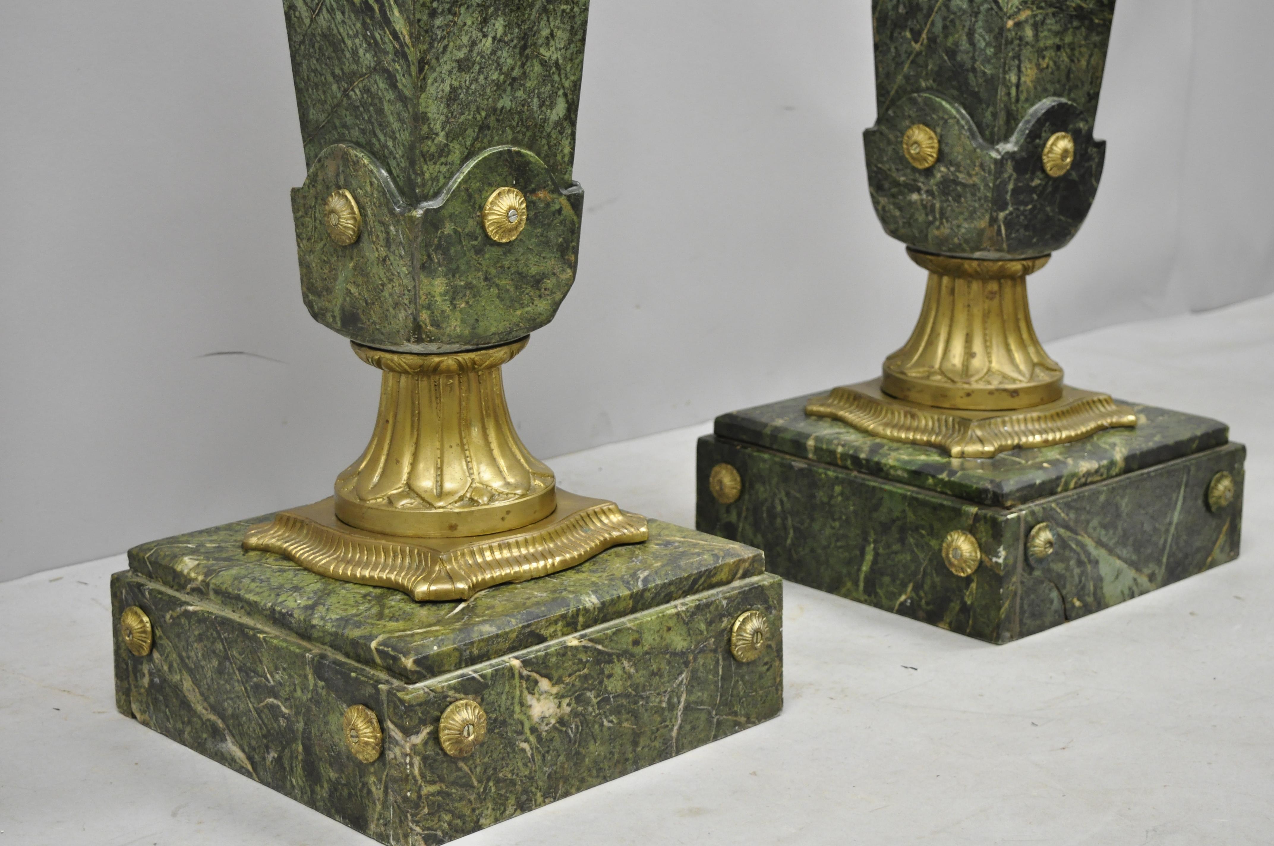 Pair of Louis XV XVI French Style Green Marble Pedestal Stands, Bronze Ormolu 7