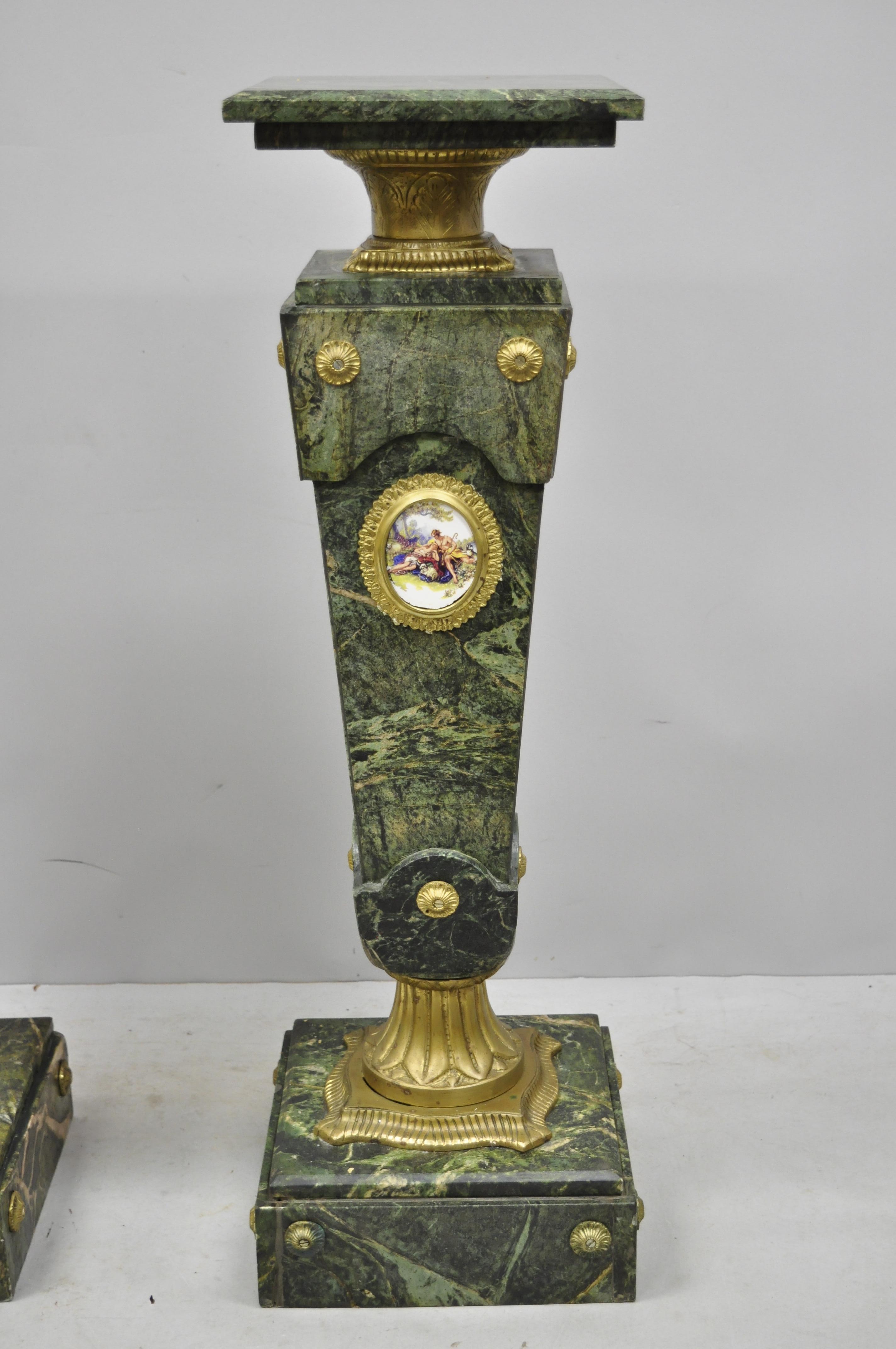 Pair of Louis XV XVI French Style Green Marble Pedestal Stands, Bronze Ormolu 8