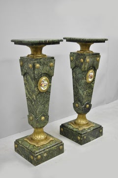 Pair of Louis XV XVI French Style Green Marble Pedestal Stands, Bronze Ormolu