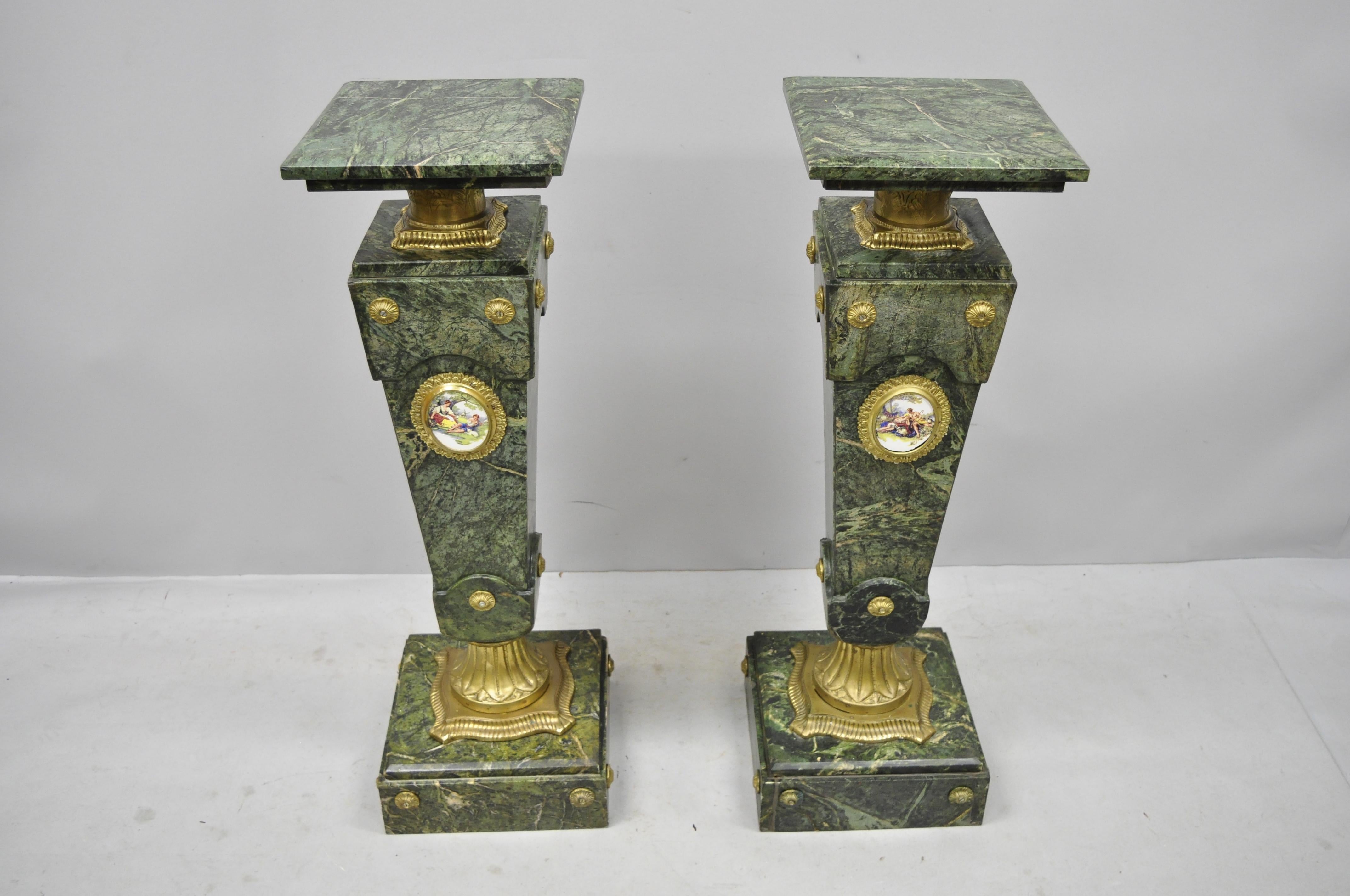 Pair of Louis XV XVI French Style Green Marble Pedestal Stands, Bronze Ormolu In Good Condition In Philadelphia, PA