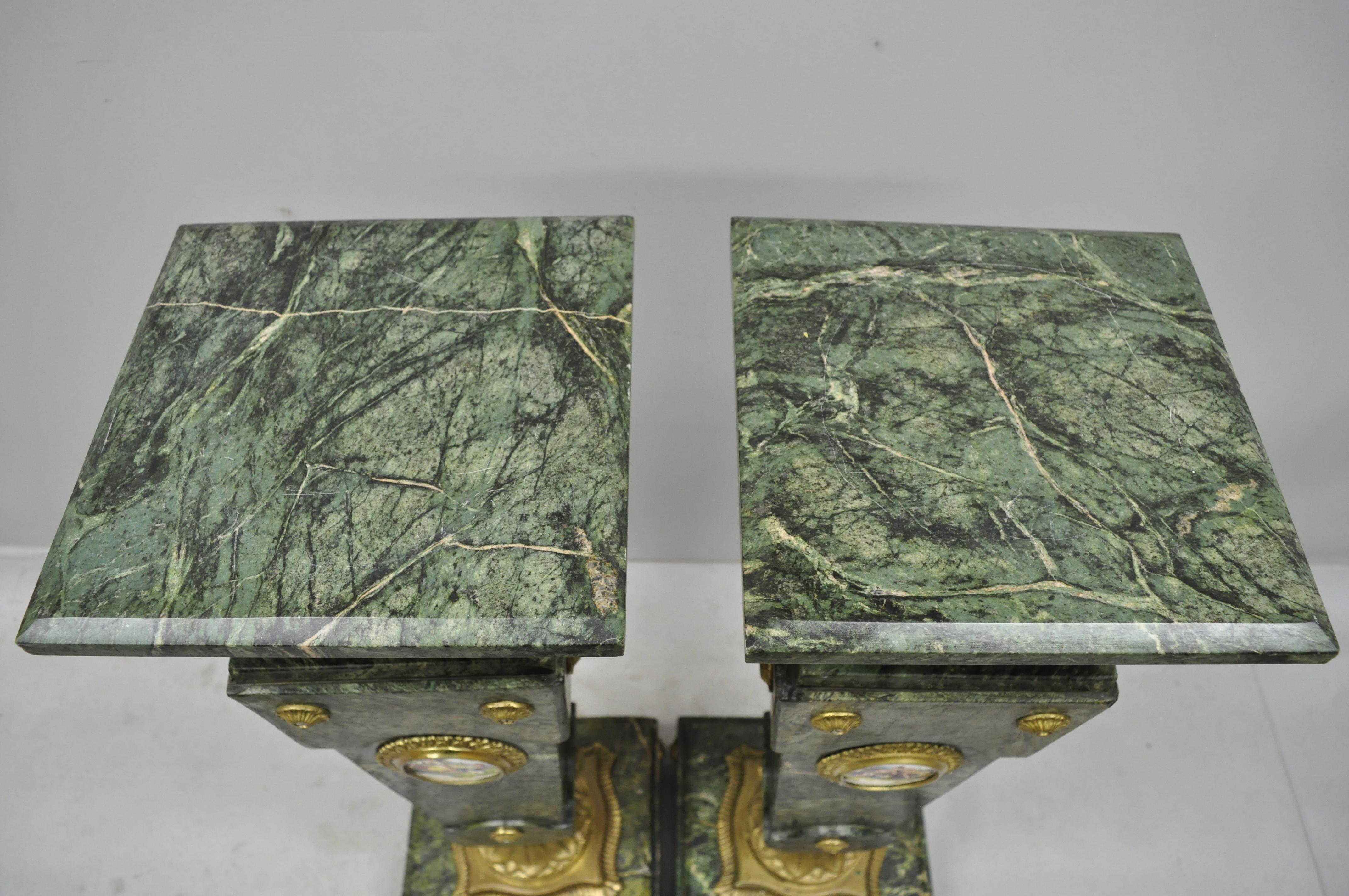 20th Century Pair of Louis XV XVI French Style Green Marble Pedestal Stands, Bronze Ormolu